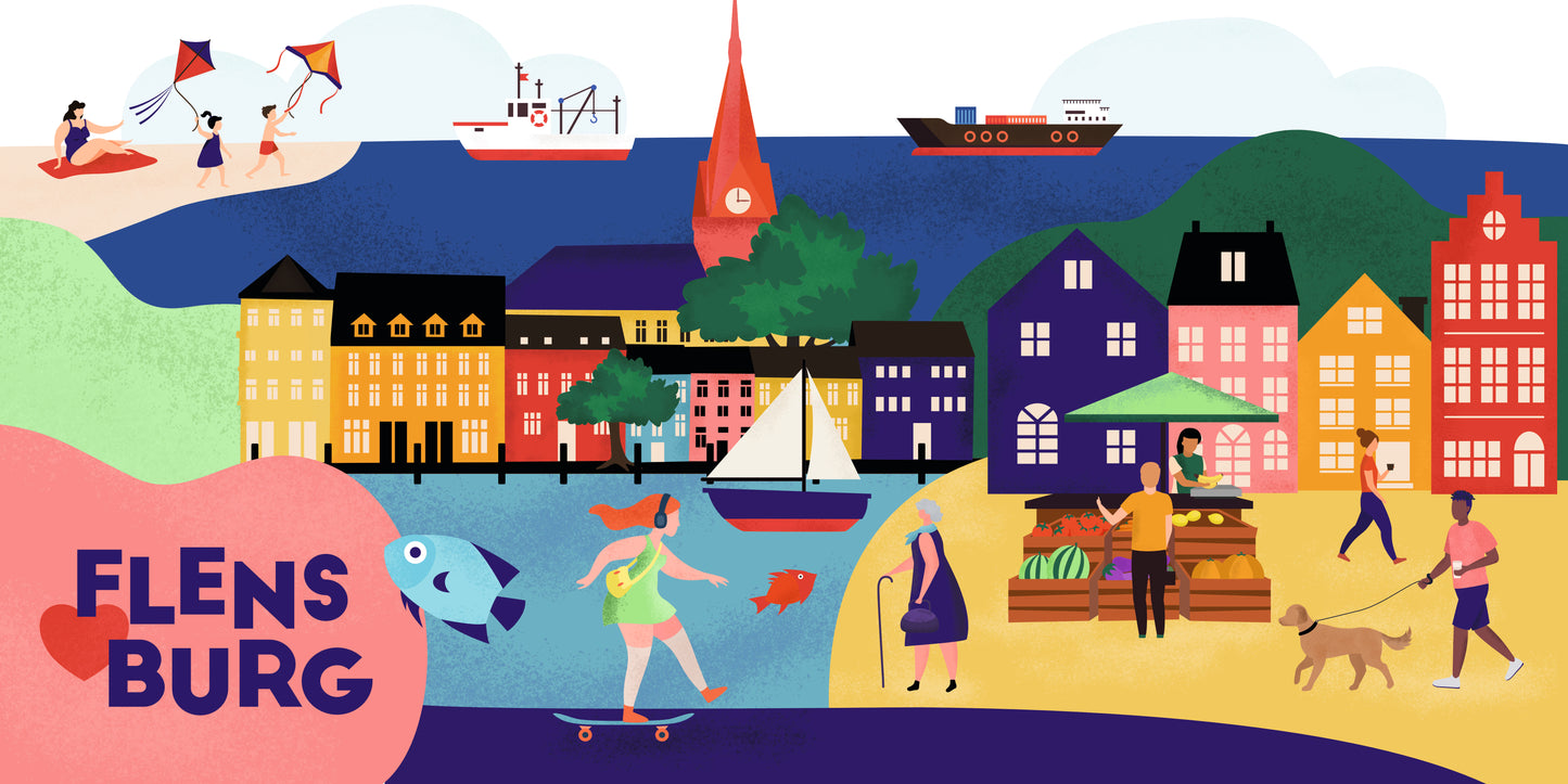 Design-Leinwand mit Flensburg-Motiv – Segelboote, Hafenstadt und Marktszene als moderne Illustration.