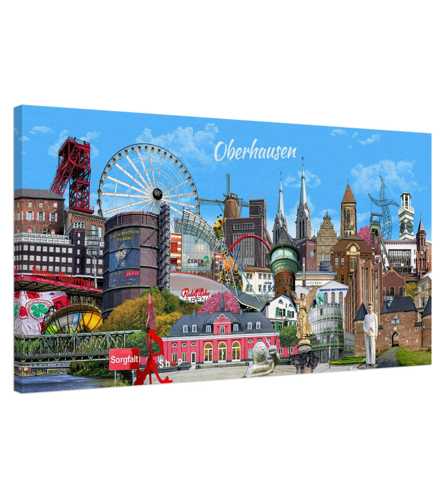 Farbenfrohe Stadtcollage von Oberhausen als stilvolles Wandbild.