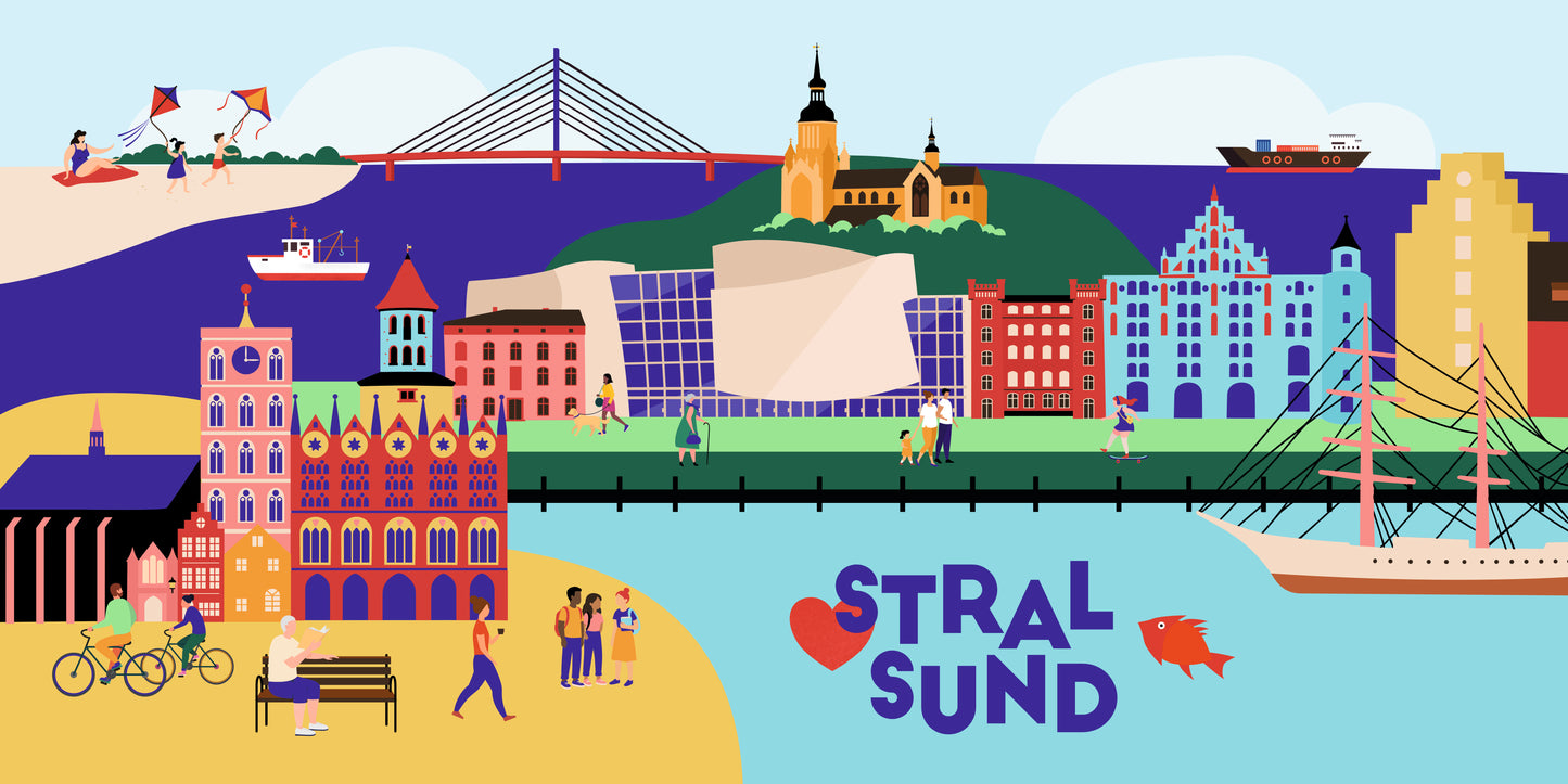 Stralsund Leinwand mit ikonischer Stadtillustration – modernes Design mit maritimem Flair. Perfekt als stilvolle Wandkunst mit regionalem Bezug.