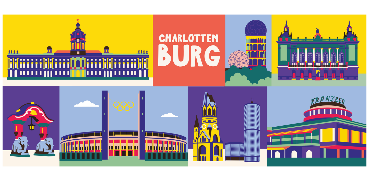 Bunte grafische Illustration des Bezirks Charlottenburg auf einer weißen Bürotasse.