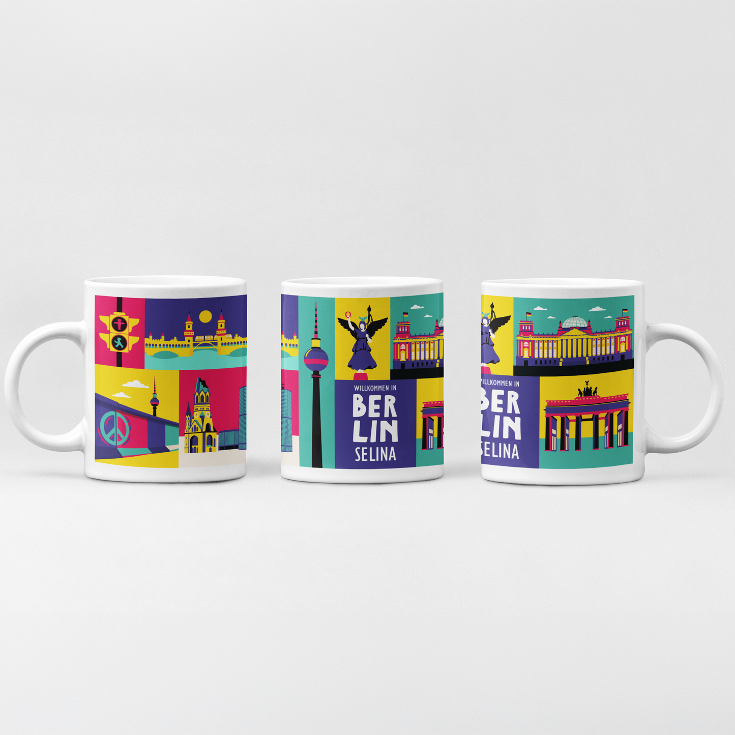 Personalisierte Tasse Berlin mit Pop-Art Illustration und Schriftzug Willkommen in Berlin