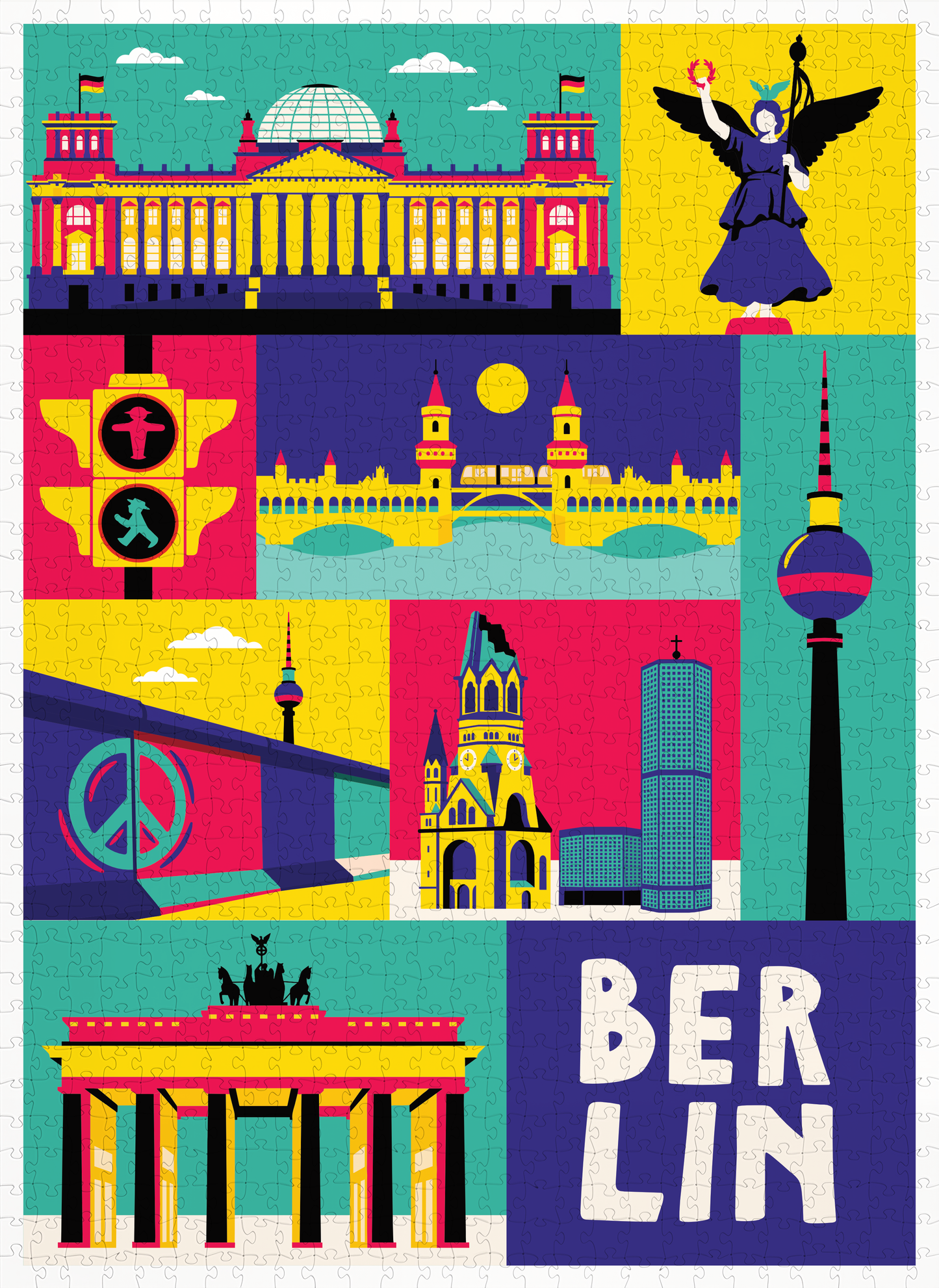 Pop-Art Illustration Berlin Wahrzeichen Brandenburger Tor und Fernsehturm als Puzzle
