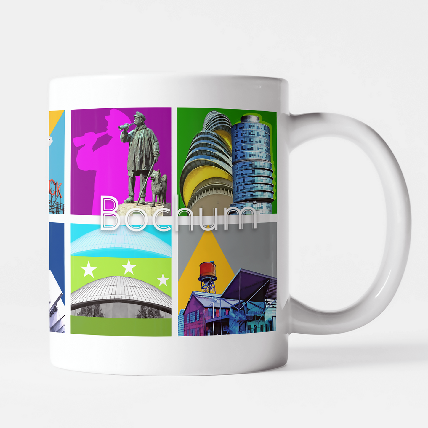 Weiße Keramiktasse mit farbenfrohem Bochum-Motiv, gestaltet von Bernd Röttgers.