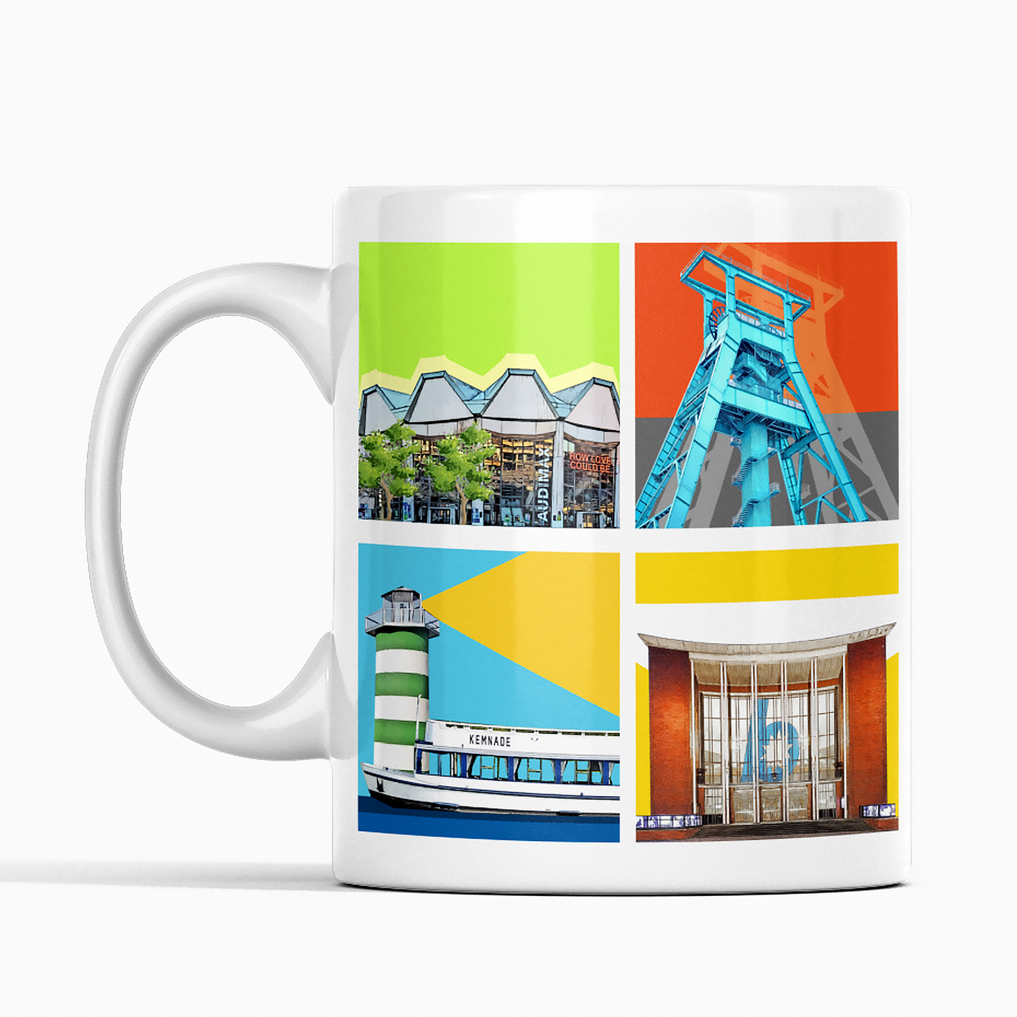 Bochum-Tasse mit künstlerischer Collage aus Wahrzeichen der Stadt, beidseitig bedruckt.