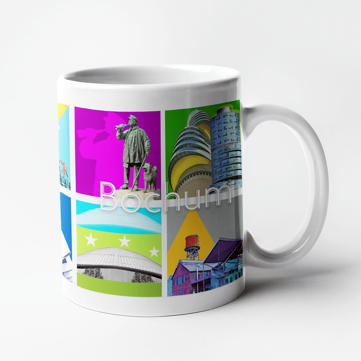 Hochwertige Kaffeetasse mit farbiger Illustration von Bochumer Sehenswürdigkeiten.