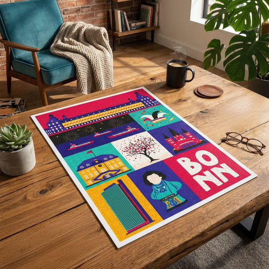 Bonn Puzzle mit 1000 Teilen. Fertig gepuzzelt auf Tisch.