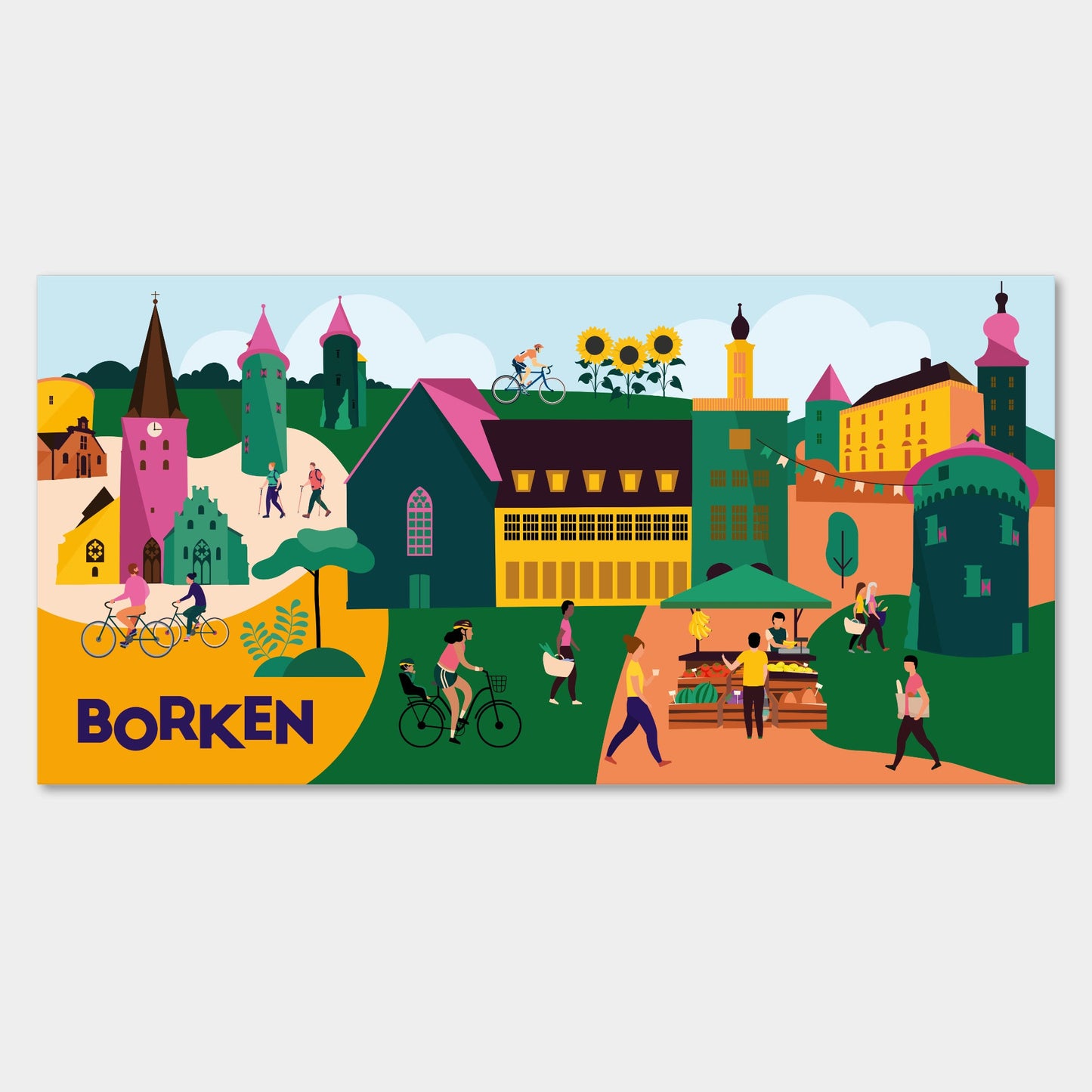 Moderne Illustration der Stadt Borken mit bekannten Wahrzeichen als Leinwandbild