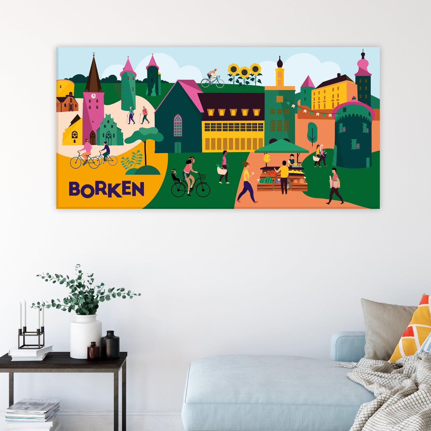 Farbenfrohes Wandbild mit Borkener Sehenswürdigkeiten wie Schloss Gemen und Diebesturm
