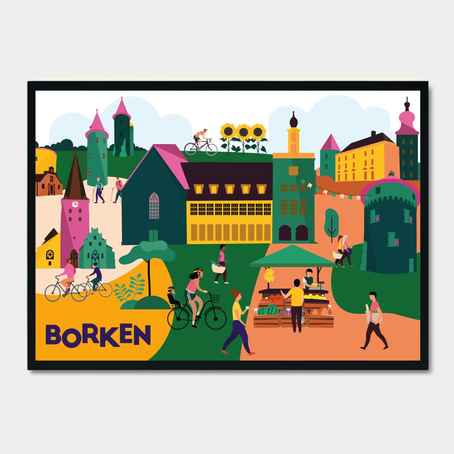 Grafisches Poster der Stadt Borken mit Sehenswürdigkeiten wie Schloss Gemen und Diebesturm