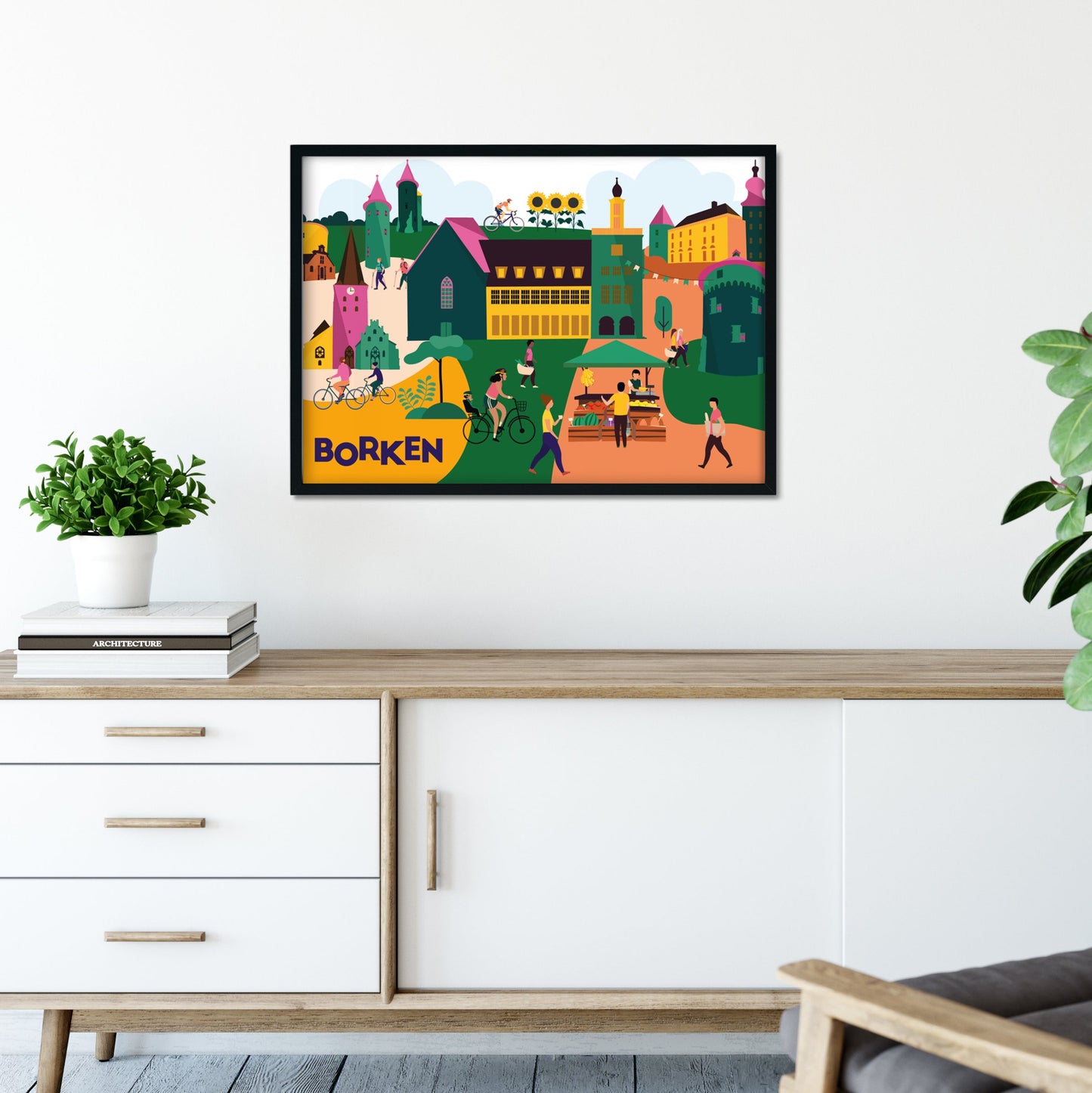 Farbenfrohe Illustration von Borken als Kunstdruck im DIN A3