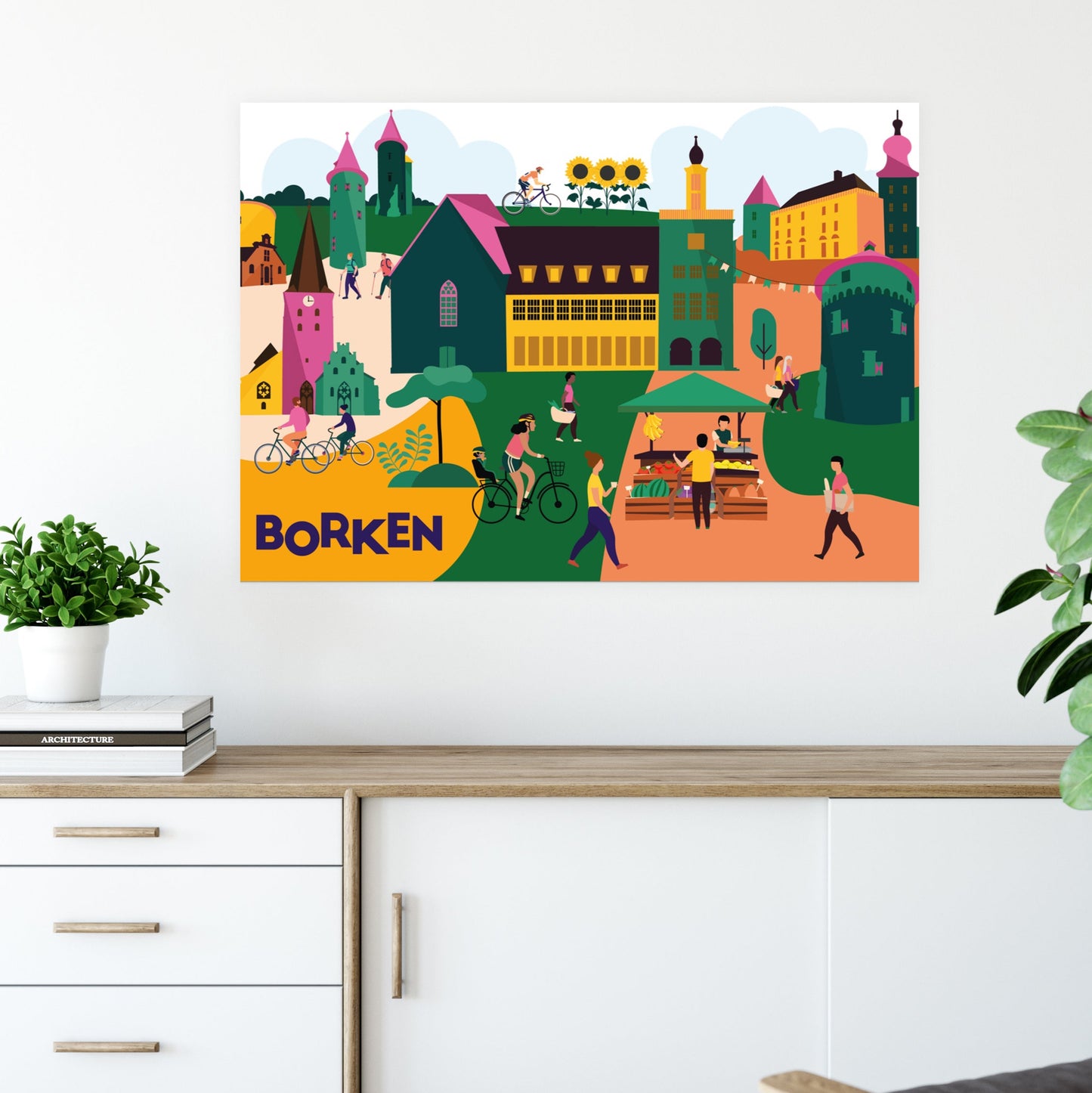 Stadtposter mit Wahrzeichen aus Borken, darunter Holkensturm, FARB und Wochenmarkt.