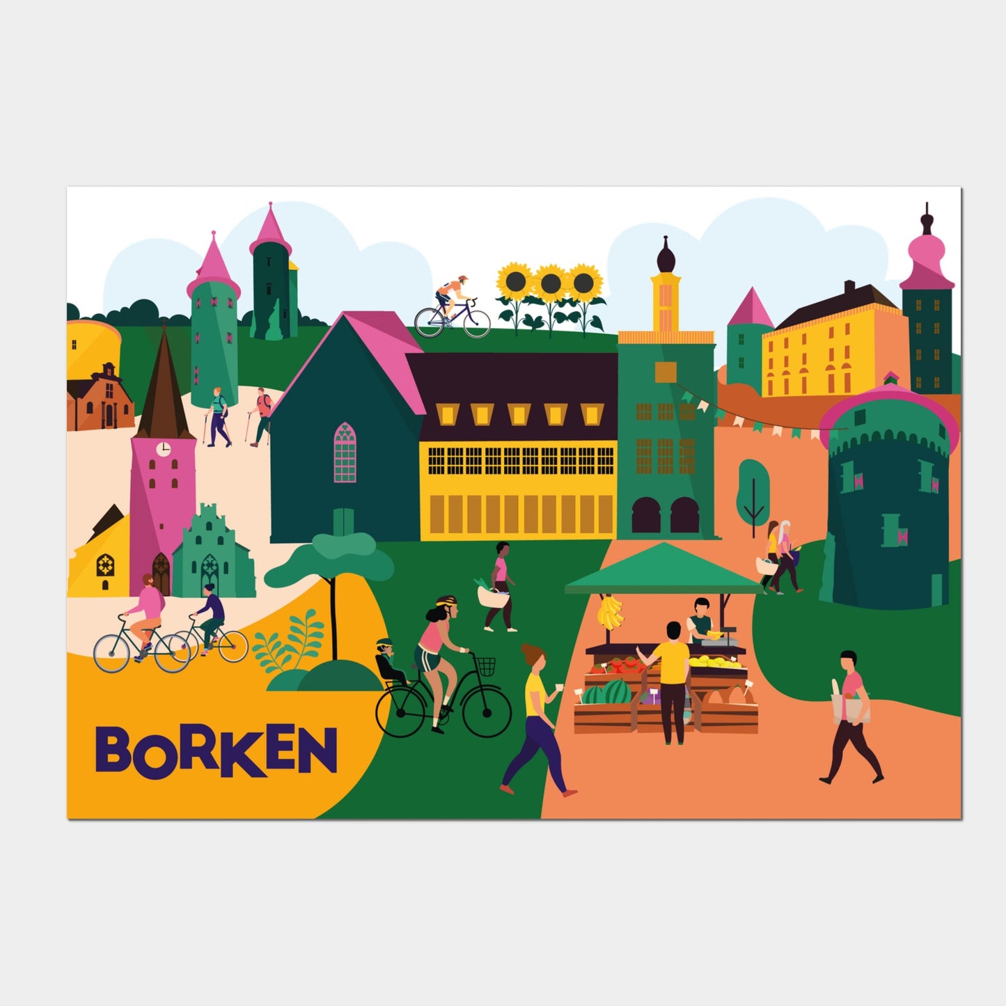 Stadtposter Borken als Illustration mit allen Wahrzeichen. Münsterland Geschenkidee.