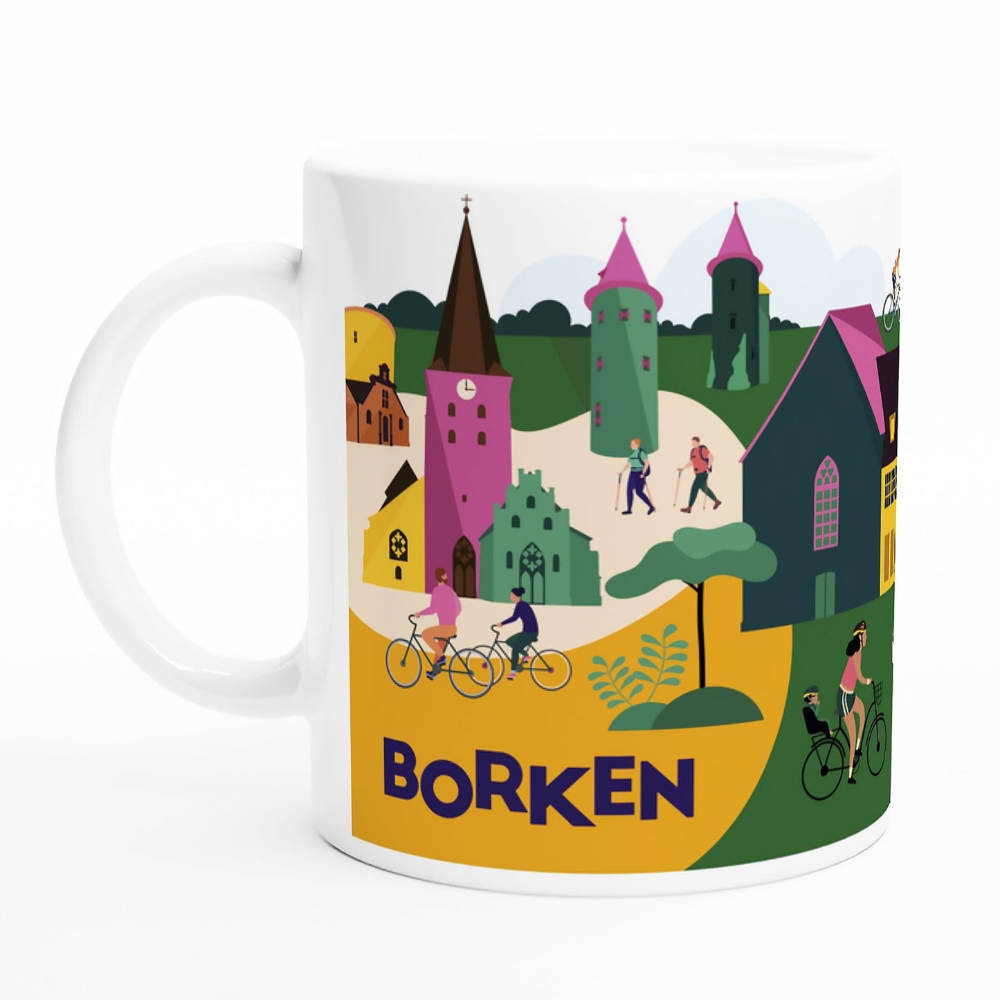 Keramiktasse mit liebevoller Borken-Illustration und regionalen Wahrzeichen