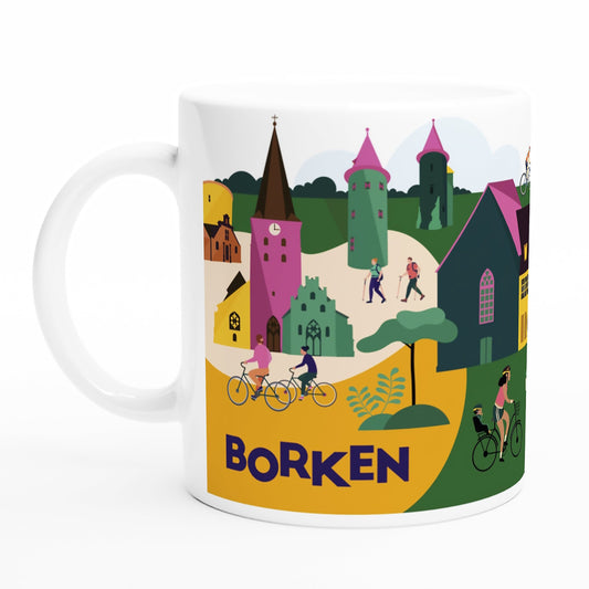 Keramiktasse mit liebevoller Borken-Illustration und regionalen Wahrzeichen