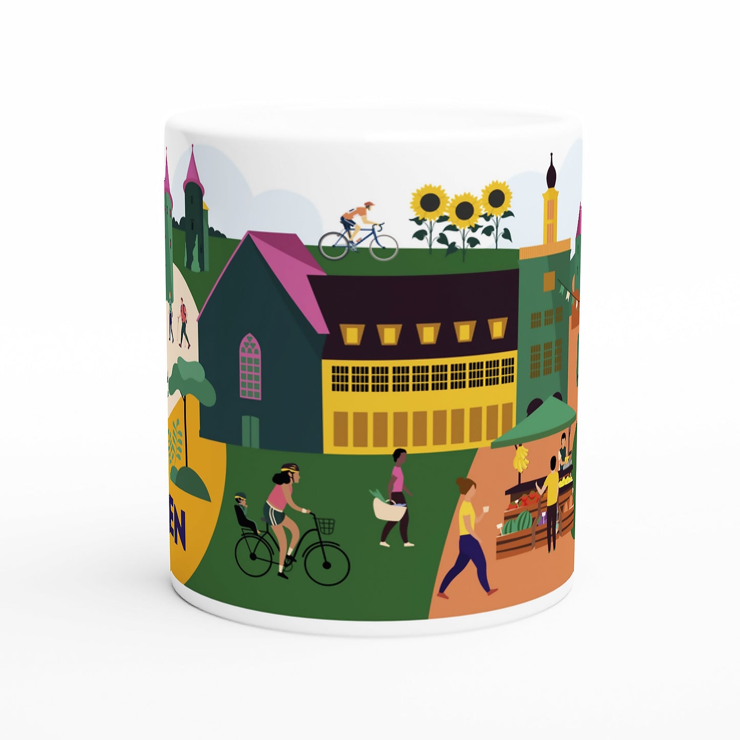 Bunte Design-Tasse mit Motiven aus Borken, darunter Schloss Gemen und Diebesturm