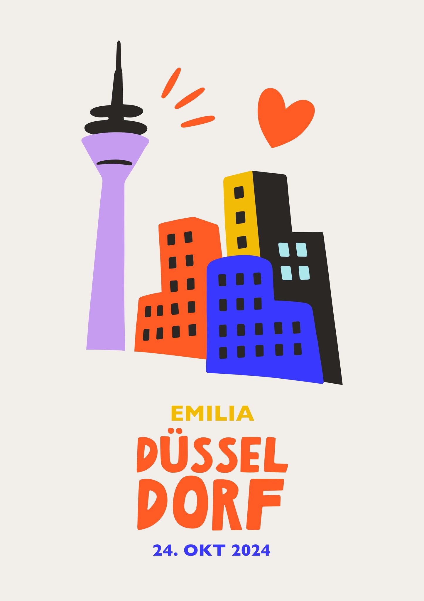 Personalisiertes Düsseldorf Poster mit Name und Datum. Geschenk zur Geburt oder Einzug.