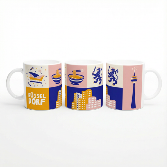 Bedruckte Düsseldorf Tasse mit Fernsehturm, Skyline und Karnevalsmotiven