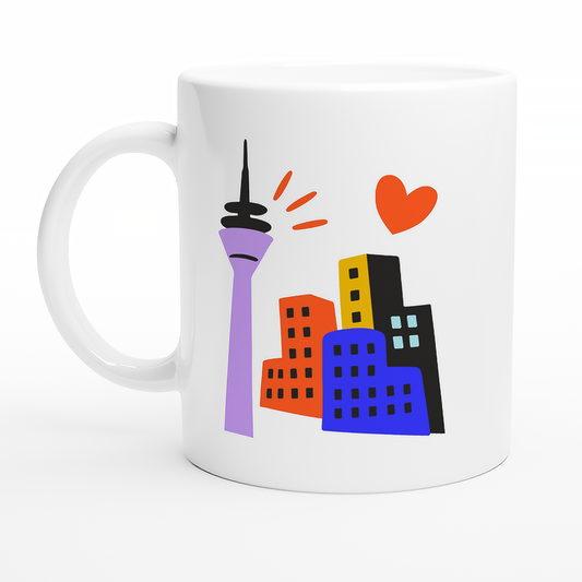 Bunte Tasse mit Stadtbild von Düsseldorf und Herzsymbol.