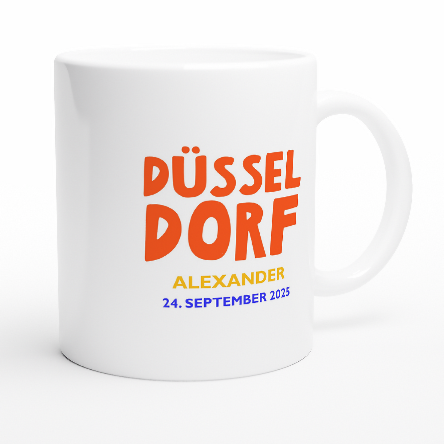 Geschenkidee: Düsseldorf-Tasse mit Wunschname und Datum.