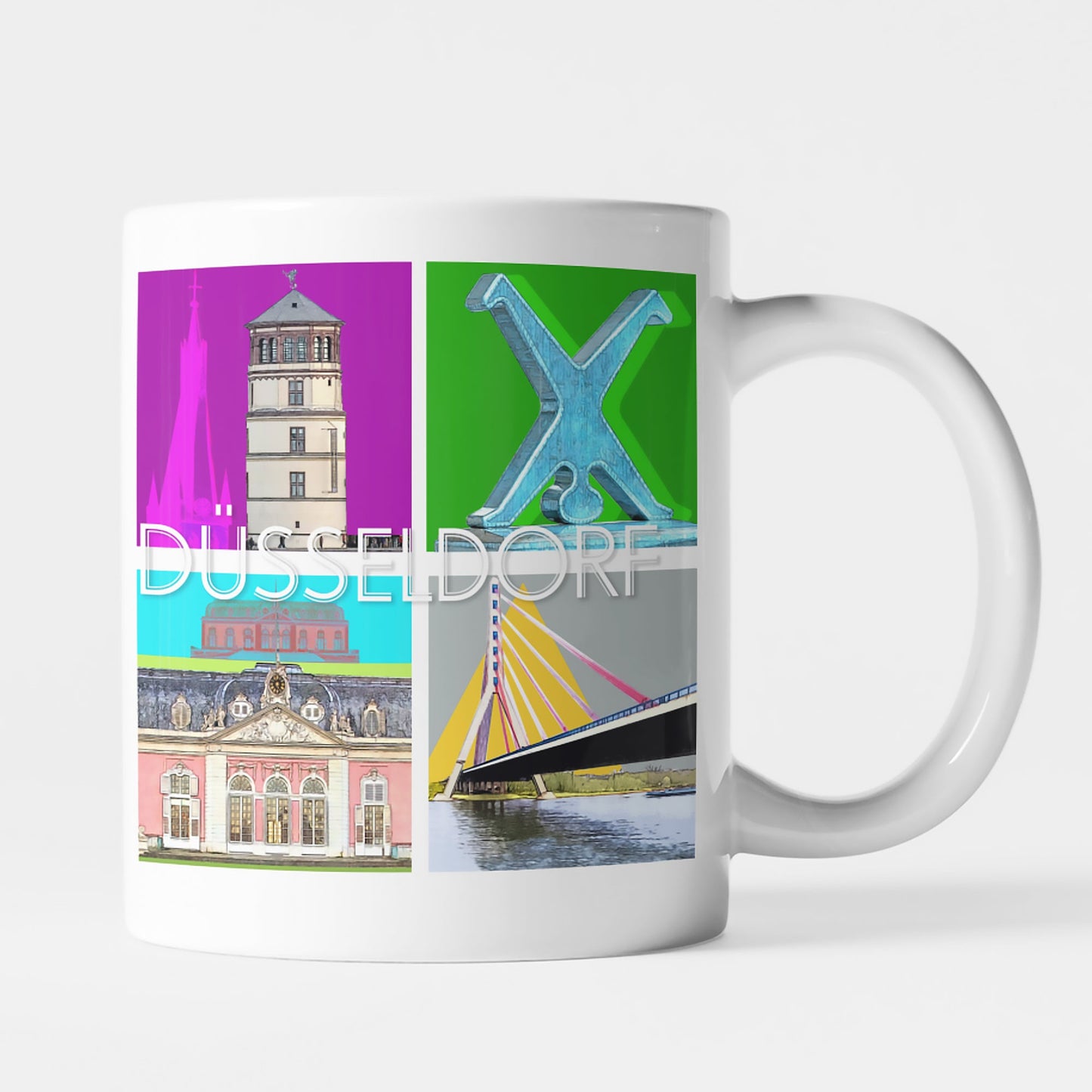 Weiße Keramiktasse mit farbiger Düsseldorf-Collage, gestaltet von Künstler Bernd Röttgers.