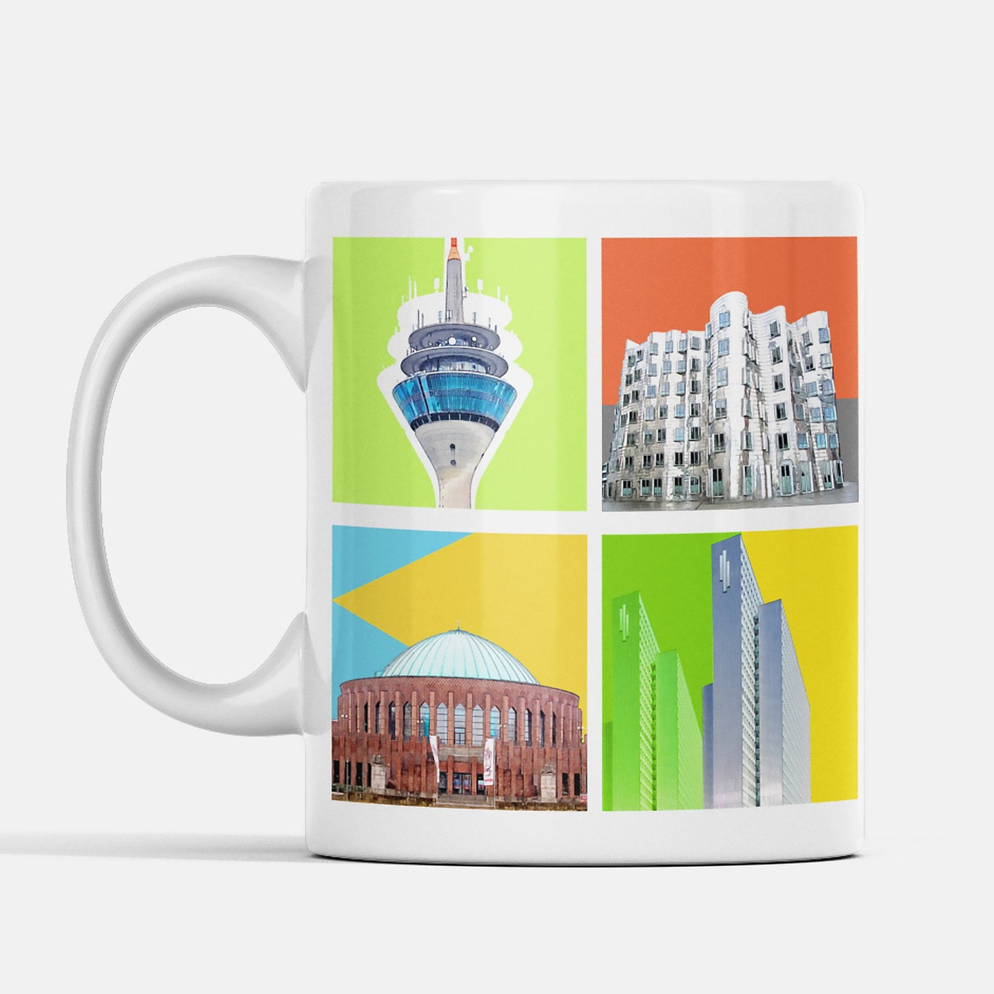 Düsseldorf-Tasse mit modernen Wahrzeichen und farbenfrohem Design, beidseitig bedruckt.