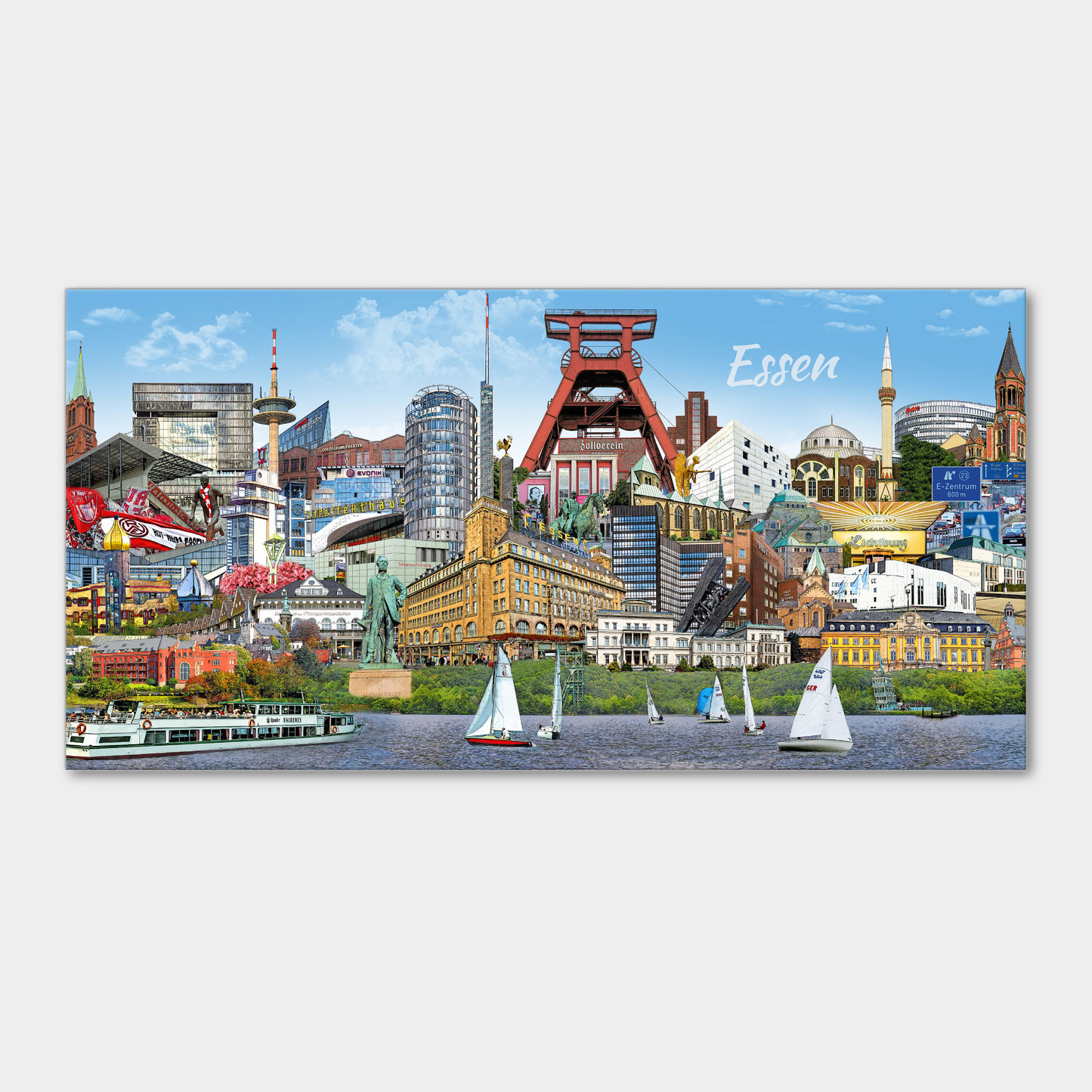 Hochwertige Essen-Leinwand mit Collage der Stadtwahrzeichen.
