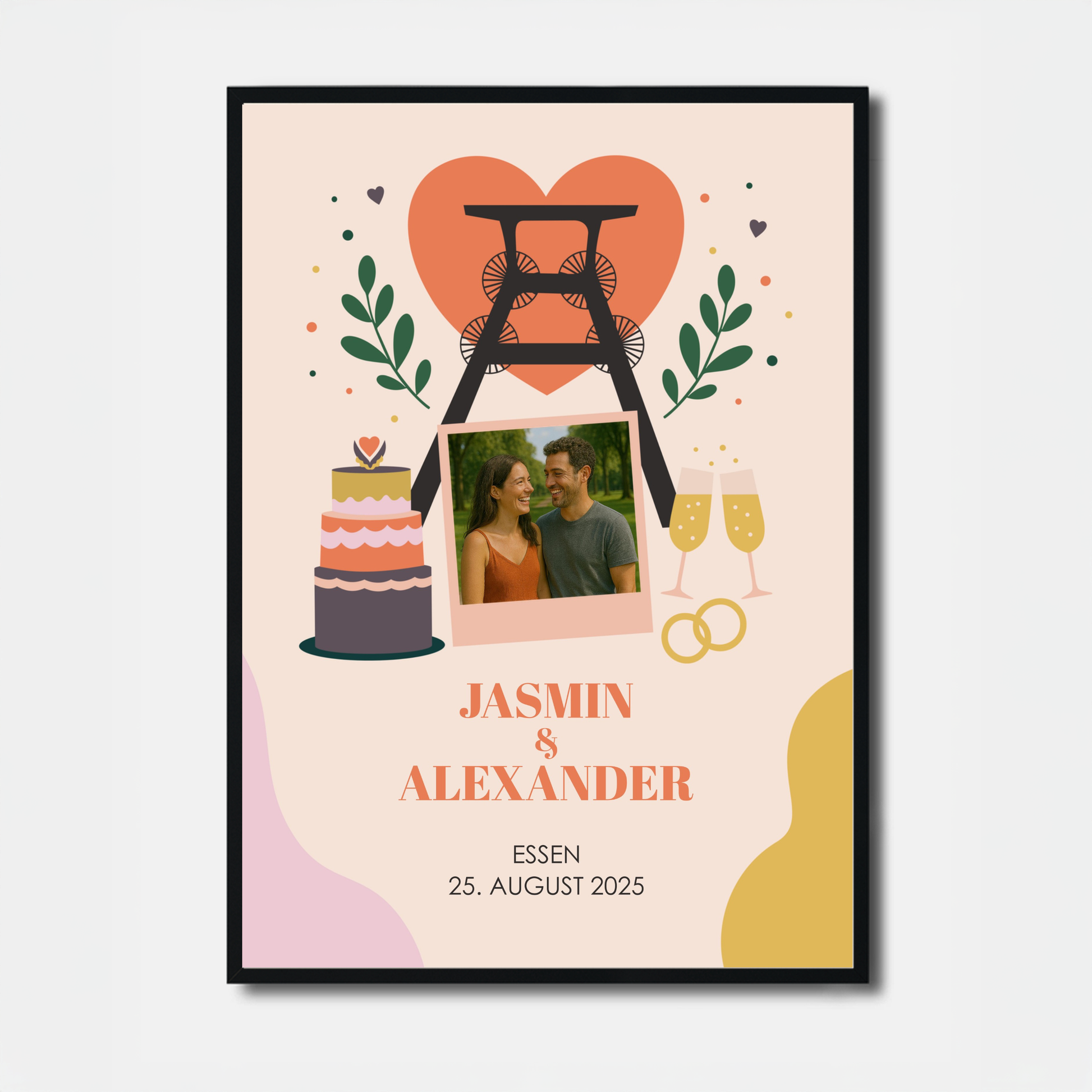 Personalisierbares Hochzeits-Poster mit Zeche Zollverein in Essen, Herz und Foto des Paares – modernes Design in warmen Farben