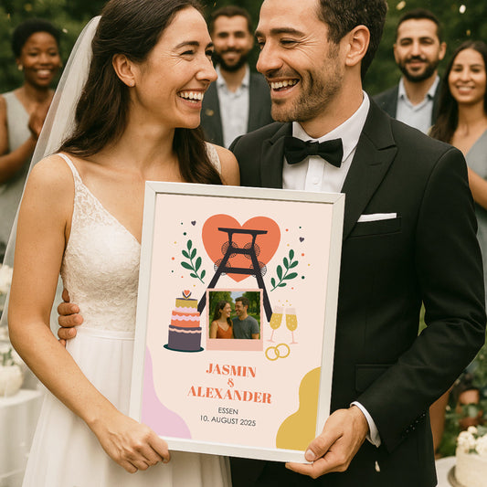 Modernes Hochzeitsposter mit Ruhrpott-Flair, Zeche-Motiv, Sektgläsern, Eheringen und Torte