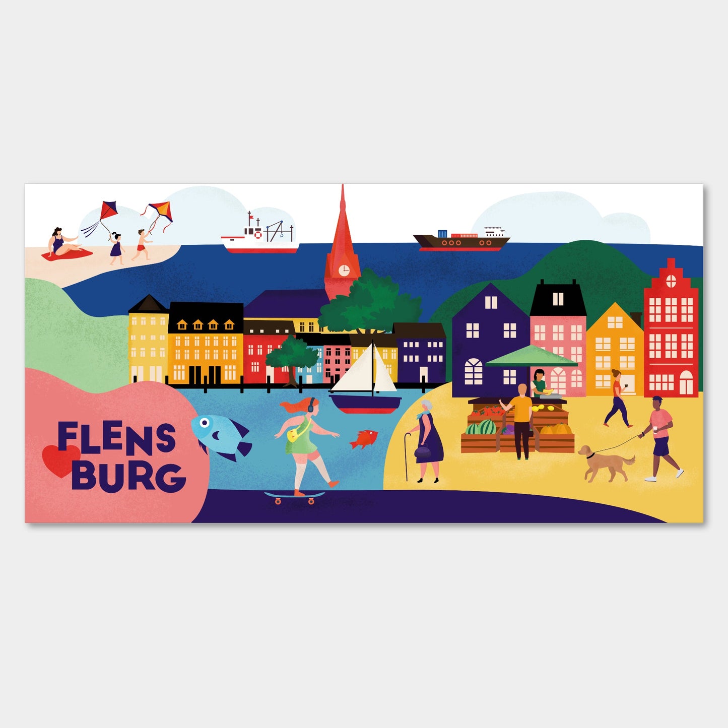 Moderne Leinwand mit Flensburg-Illustration – Segelboote, Hafen und Marktszene.
