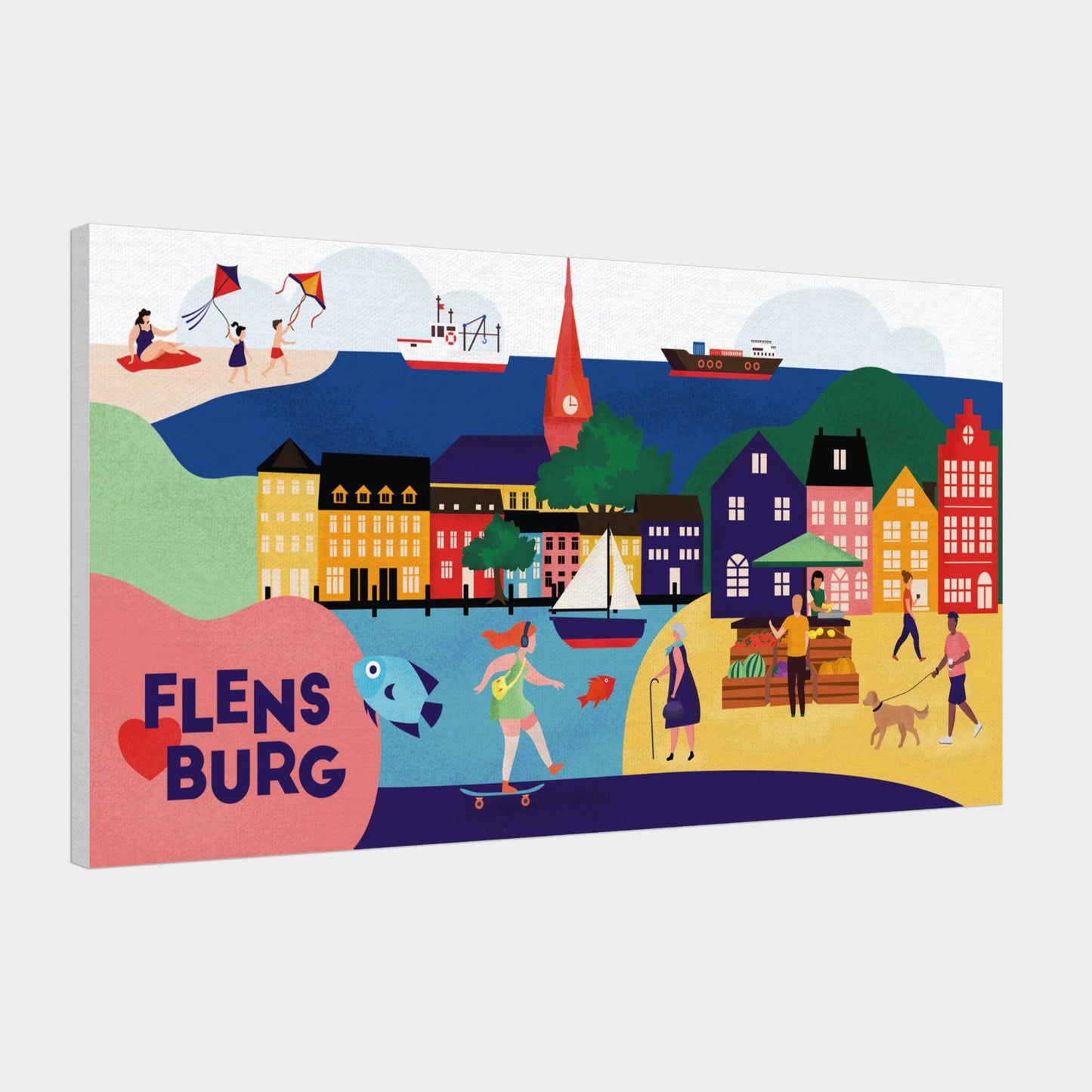 Farbenfrohes Wandbild von Flensburg mit maritimen Motiven und Altstadthäusern