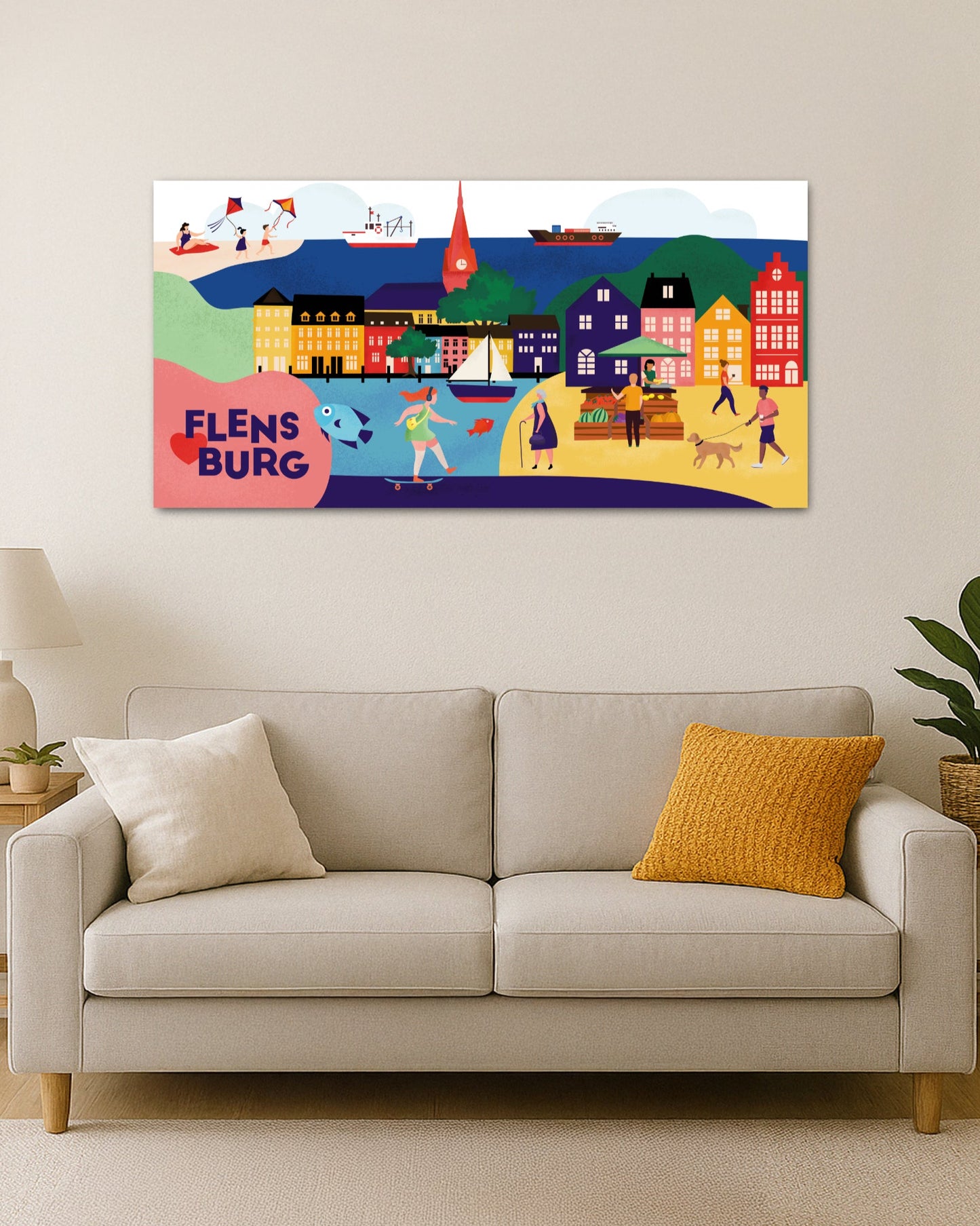 Leinwanddruck mit moderner Stadtillustration von Flensburg – ideal als Geschenkidee