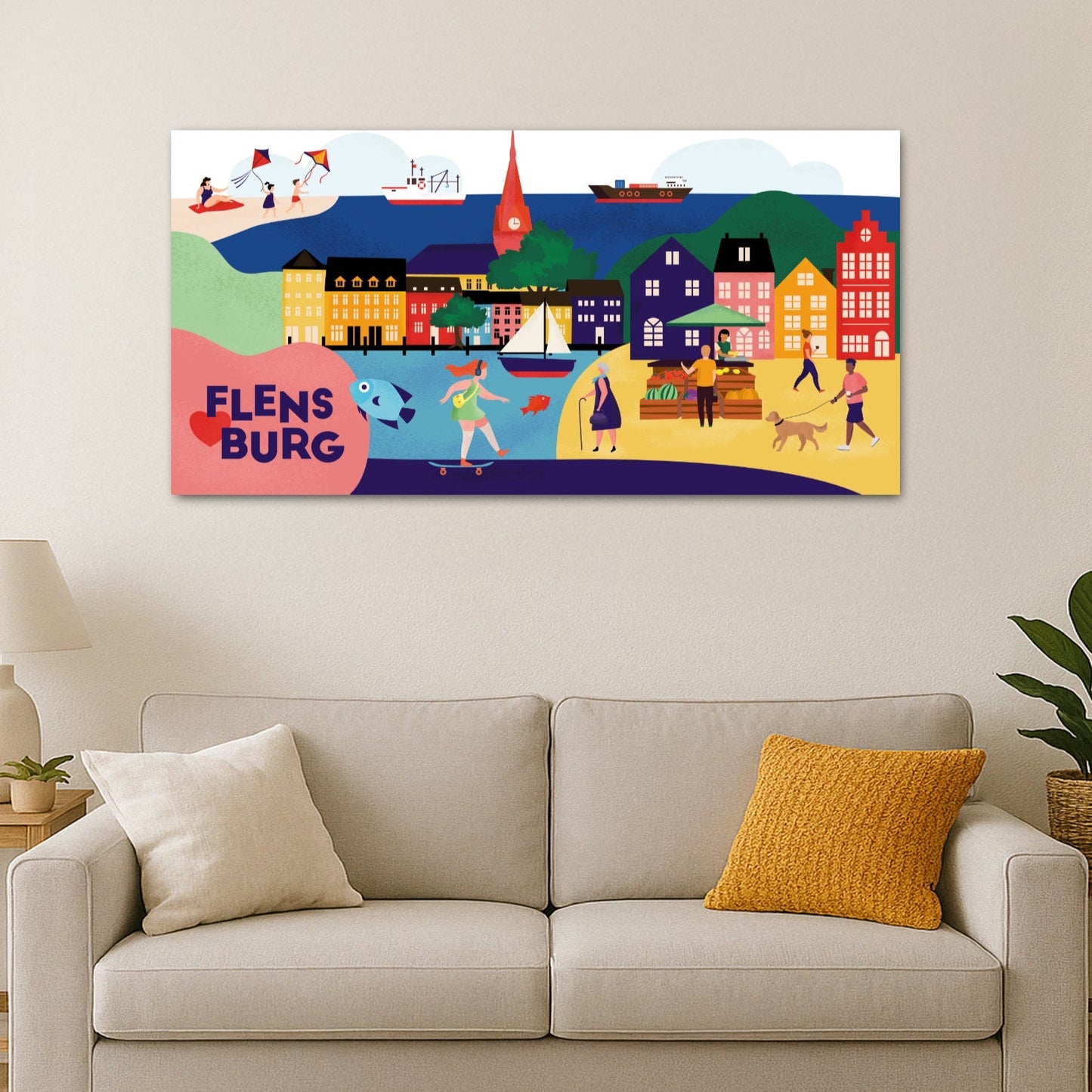Leinwanddruck mit moderner Stadtillustration von Flensburg – ideal als Geschenkidee