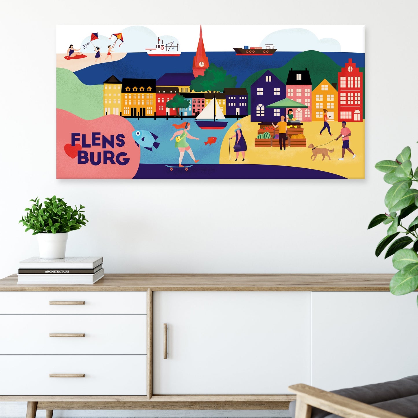 Flensburg-Leinwand mit Hafen, Strand und Marktleben – grafische Stadtansicht