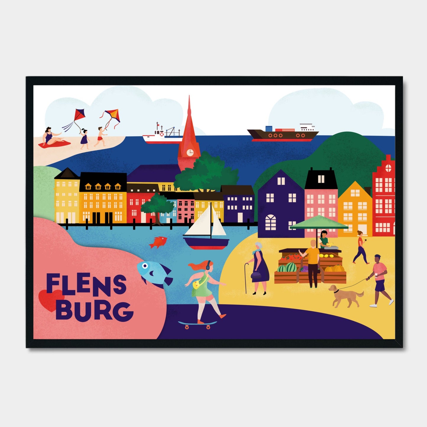 Flensburg-Poster mit maritimer Illustration von Hafen, Segelbooten und St. Marienkirche