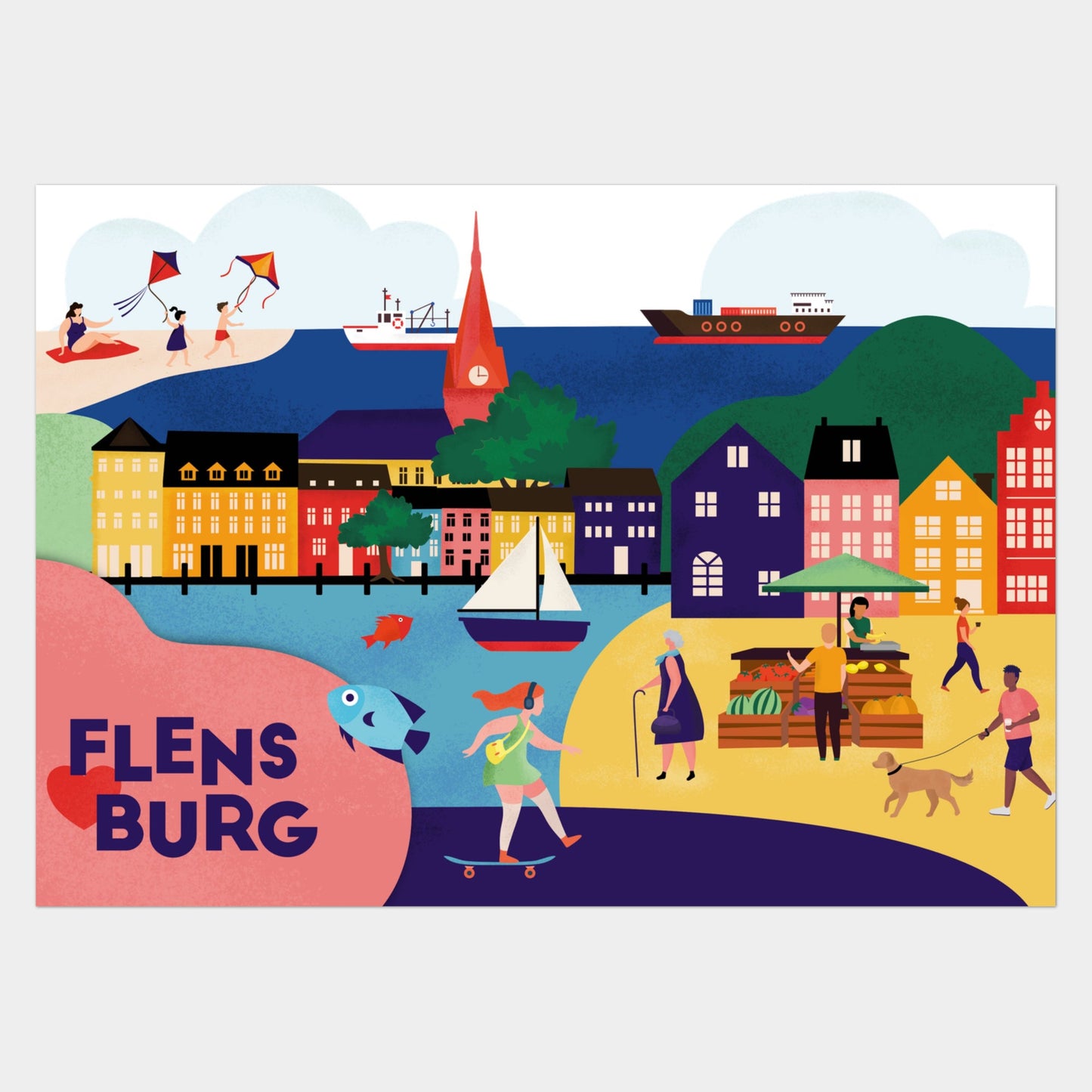 Design-Poster mit Flensburg-Motiv, bunten Häusern und Strandtag-Szene.