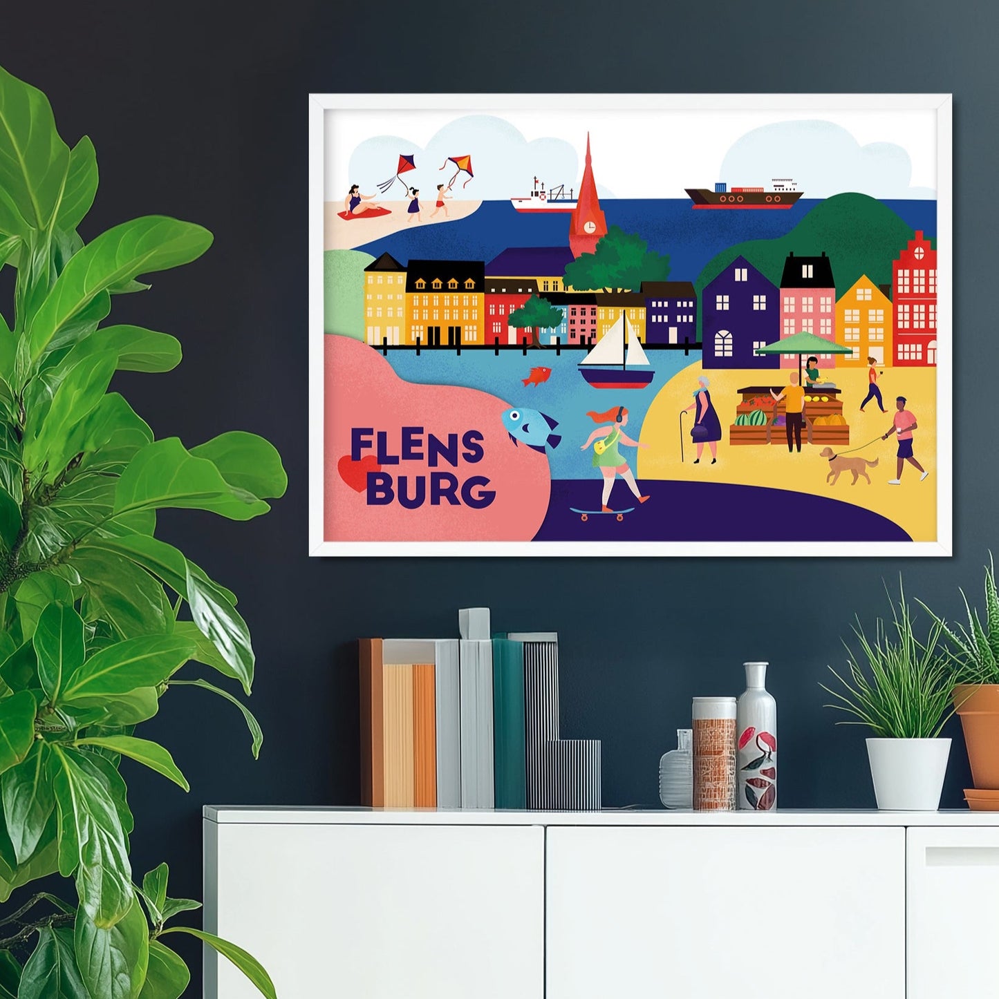 Modernes Wandbild von Flensburg, minimalistisch fürs Kinderzimmer.
