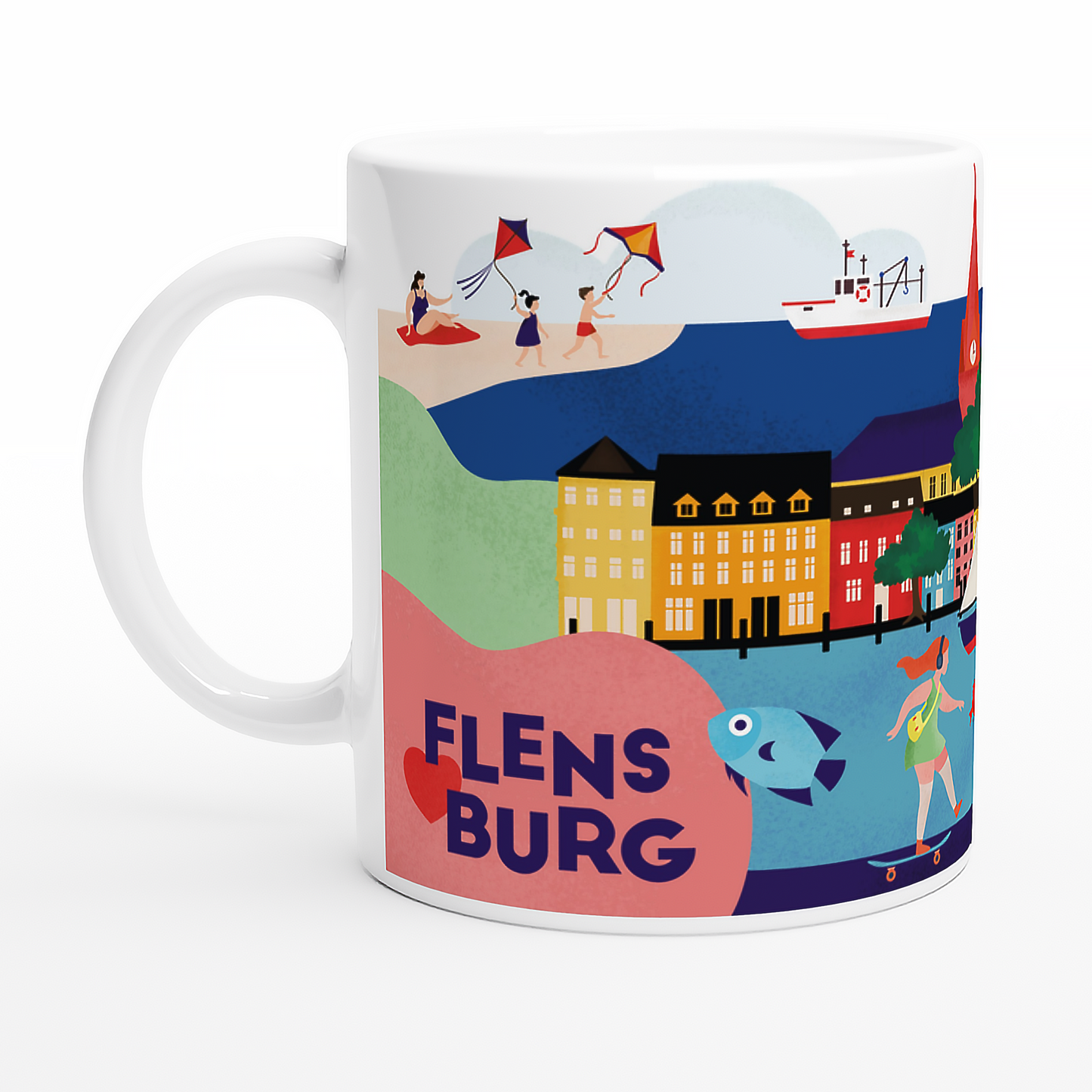 Keramiktasse mit moderner Flensburg-Illustration – Hafen, Segelboote und bunte Häuser