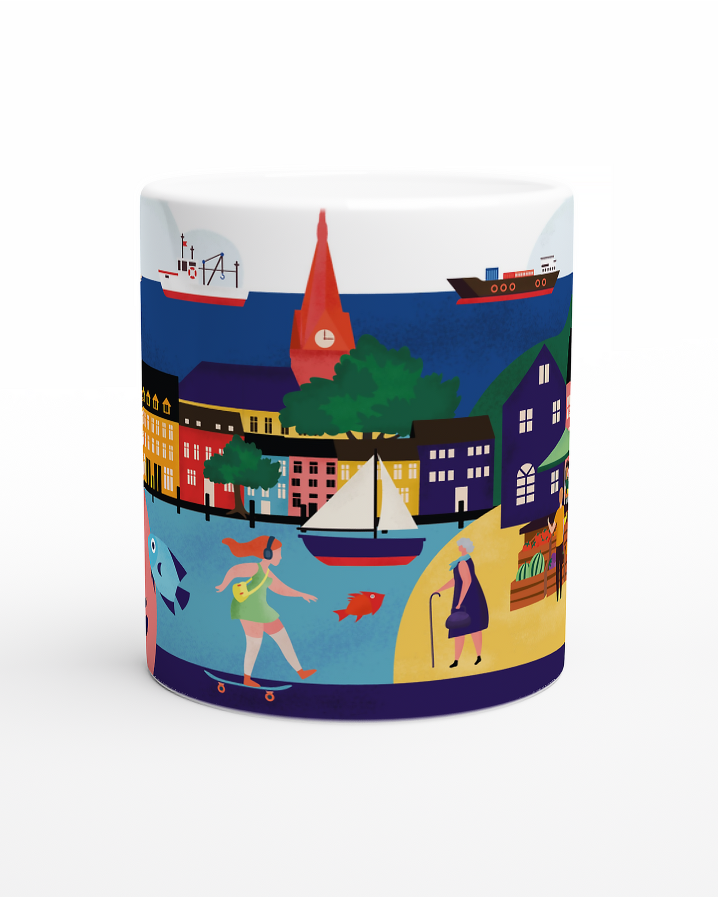 Design-Tasse mit Flensburg-Motiv, St. Marienkirche, Marktleben und Strandtag
