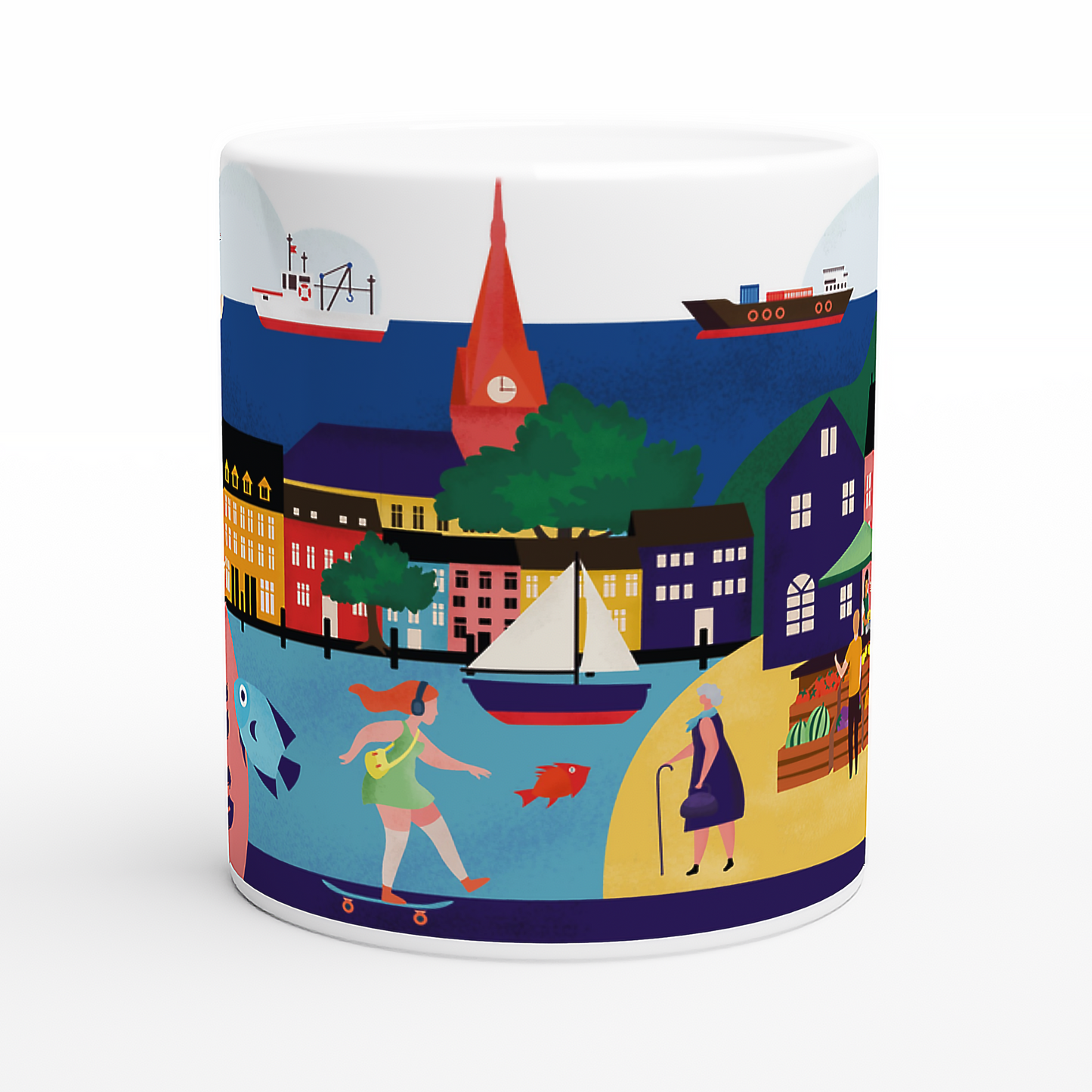 Design-Tasse mit Flensburg-Motiv, St. Marienkirche, Marktleben und Strandtag