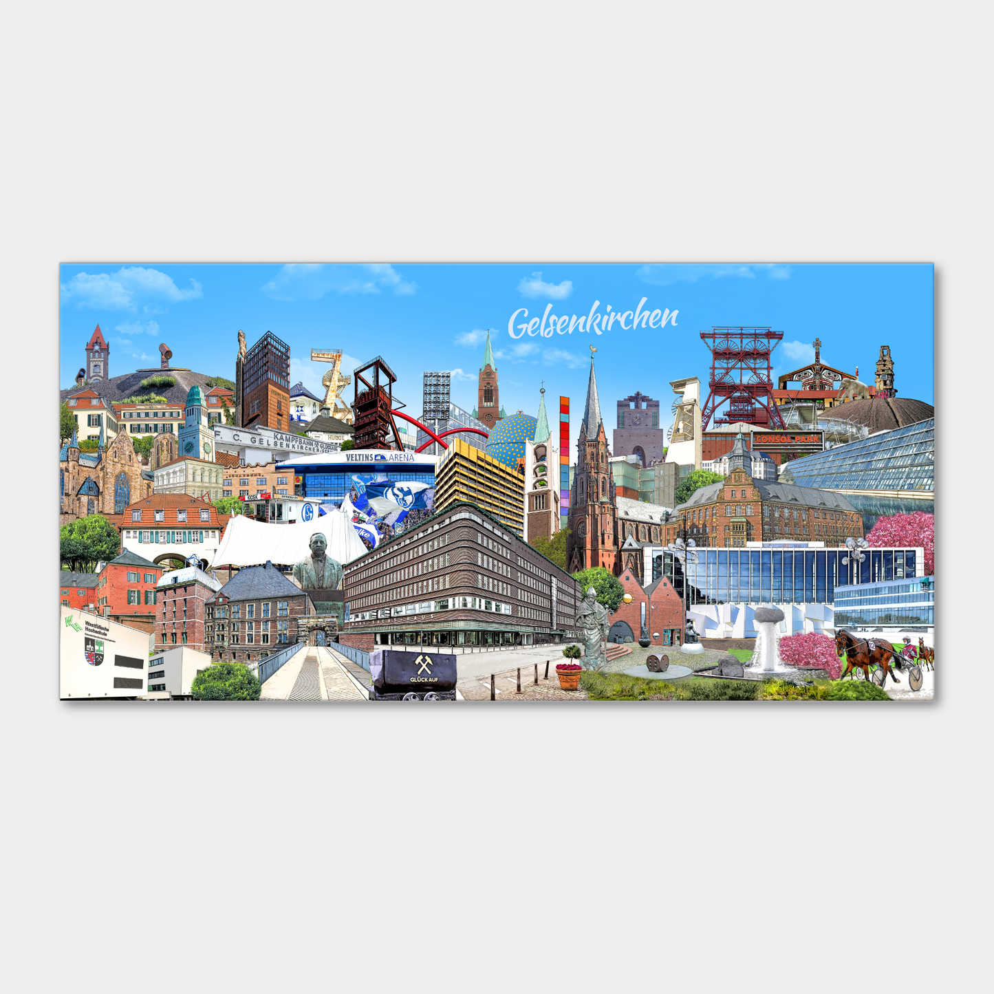Modernes Wandbild mit den schönsten Sehenswürdigkeiten von Gelsenkirchen.