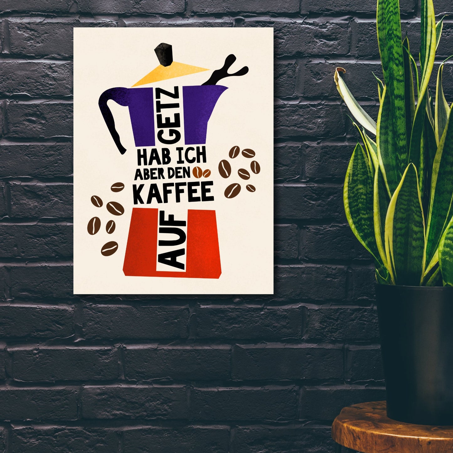 Küchenbild mit lustigem Kaffee-Spruch im Ruhrpott-Dialekt, perfekt als Geschenkidee.