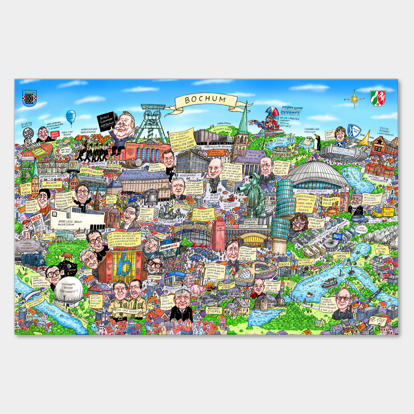 Hochwertige Leinwand mit humorvoller Bochum-Karikatur von Jacques Tilly.