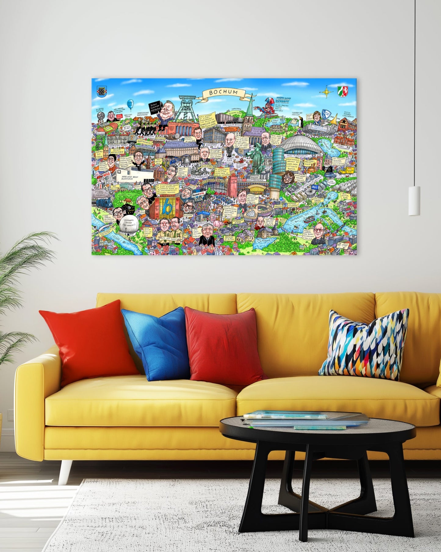 Bochum-Wandbild mit detailreicher Illustration von Wahrzeichen und Persönlichkeiten.
