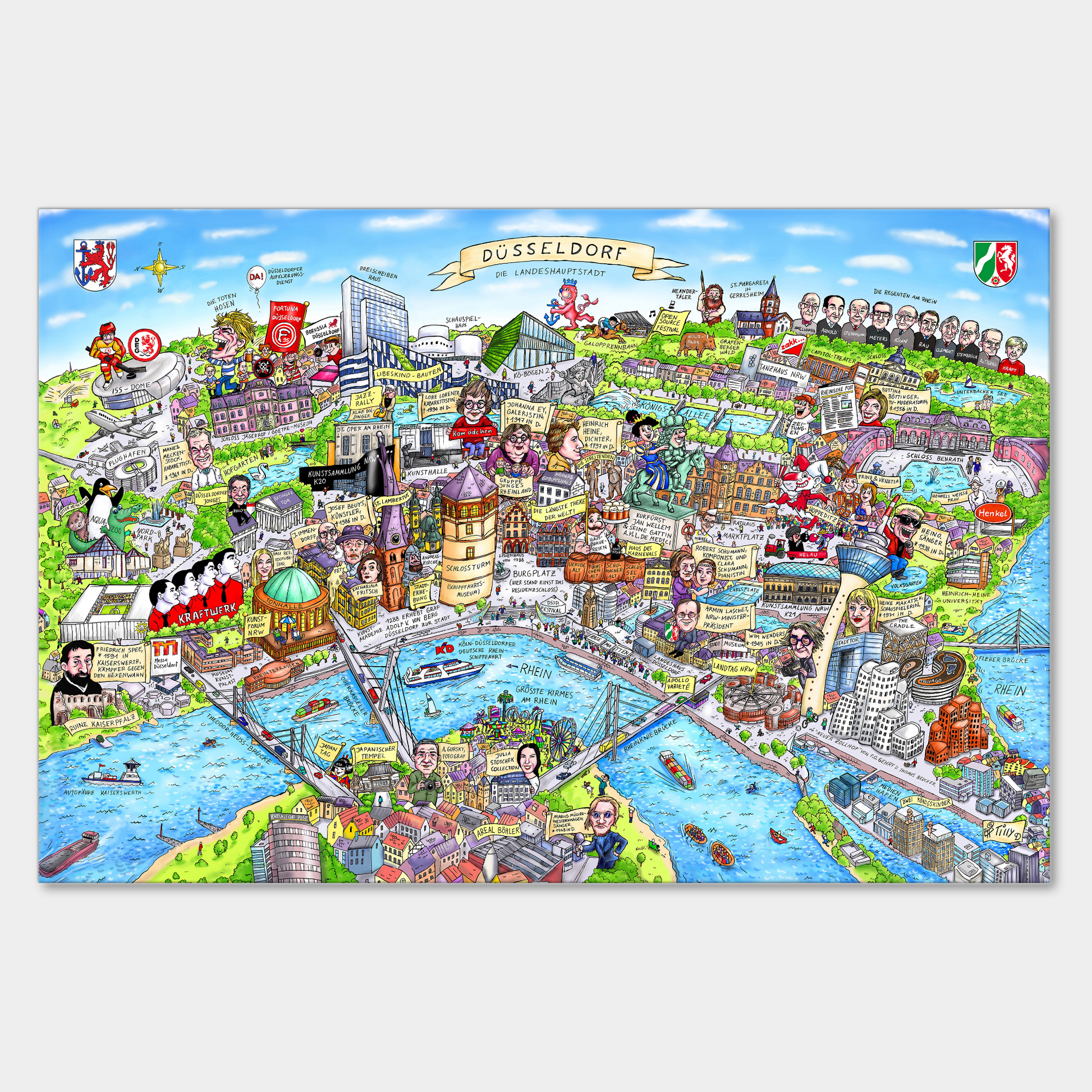 Leinwand mit einer detailreichen Collage von Düsseldorf, gestaltet von Jacques Tilly.