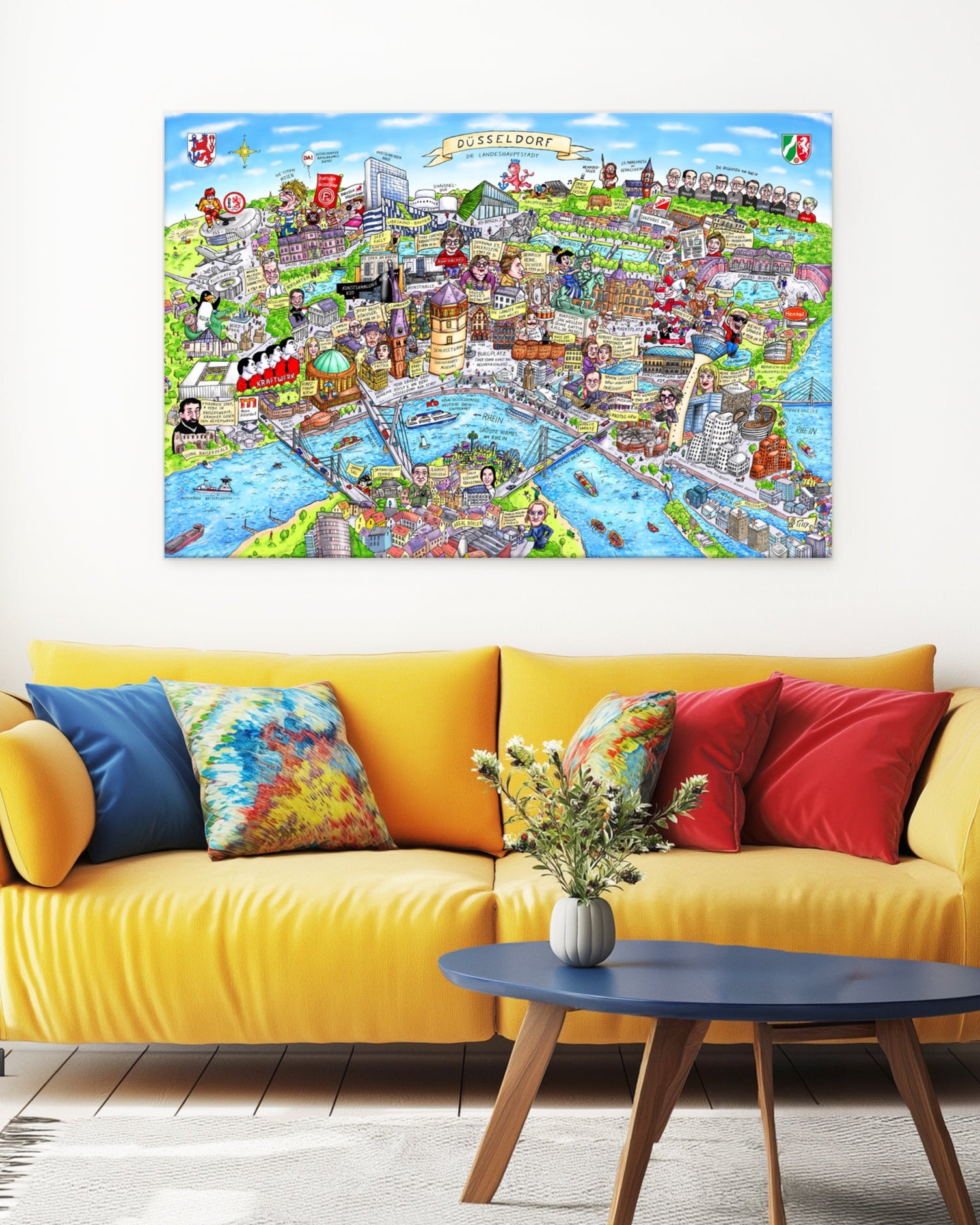 Humorvolles Wandbild mit den bekanntesten Wahrzeichen der Landeshauptstadt.