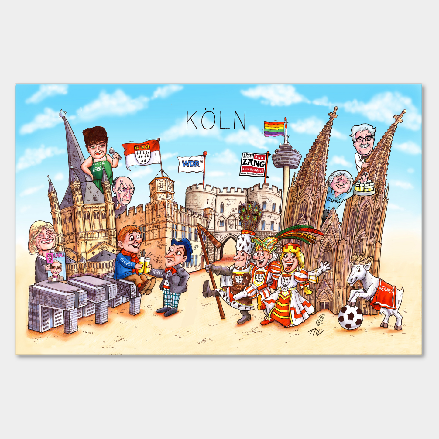 Leinwand mit humorvoller Köln-Collage von Karnevalwagenbauer Jacques Tilly.