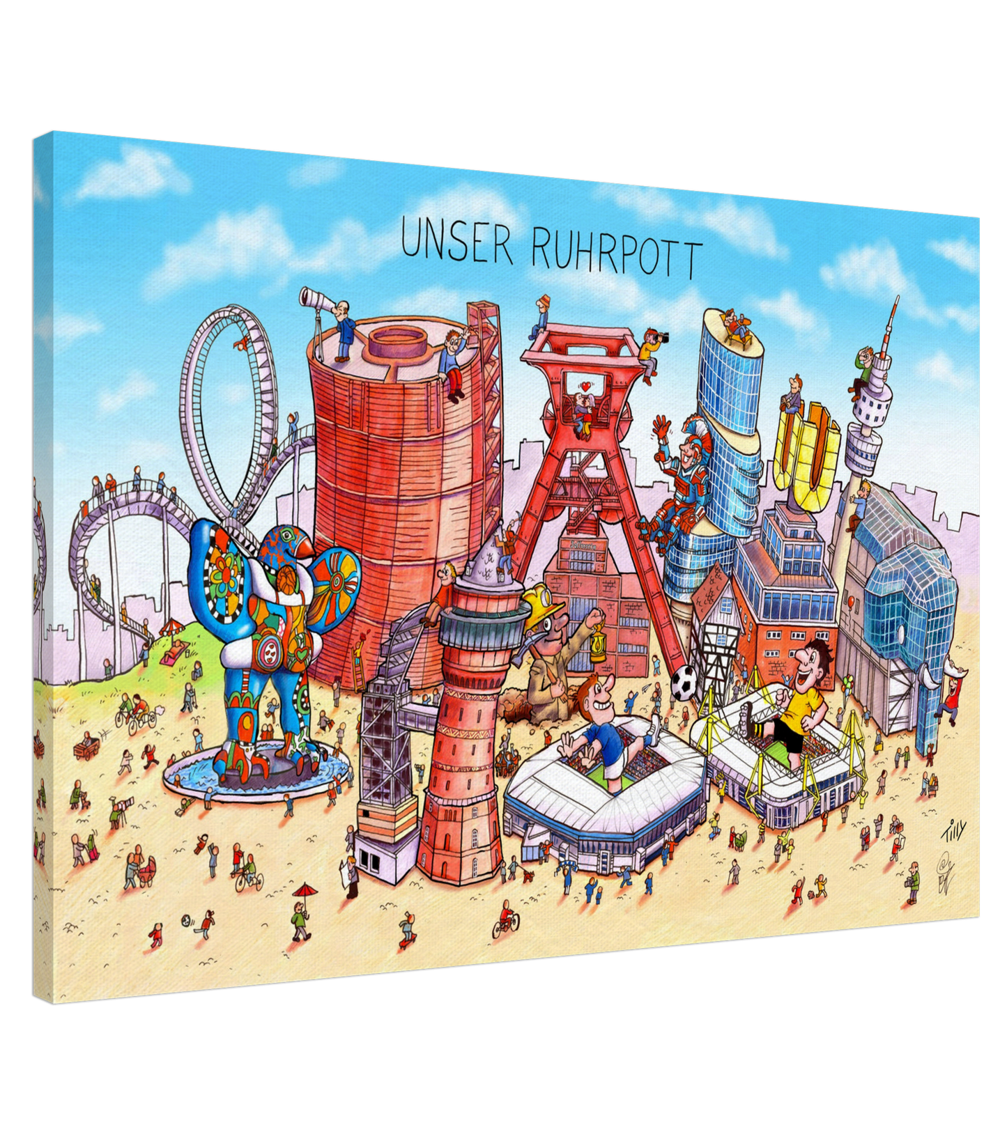Hochwertige Leinwand mit humorvoller Ruhrgebiet-Illustration von Jacques Tilly.