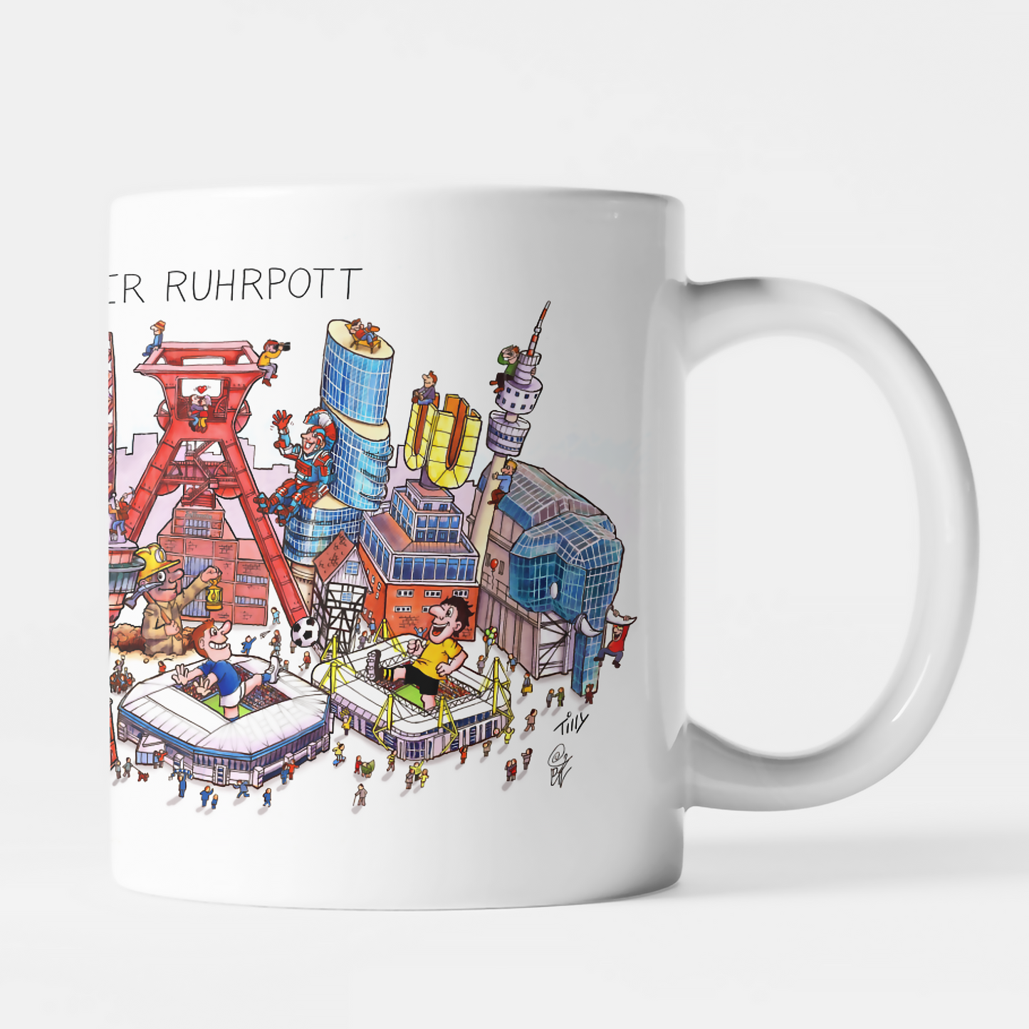 Tasse mit humorvoller Illustration der Ruhrgebiet-Wahrzeichen von Karnevalswagenbauer Jacques Tilly.