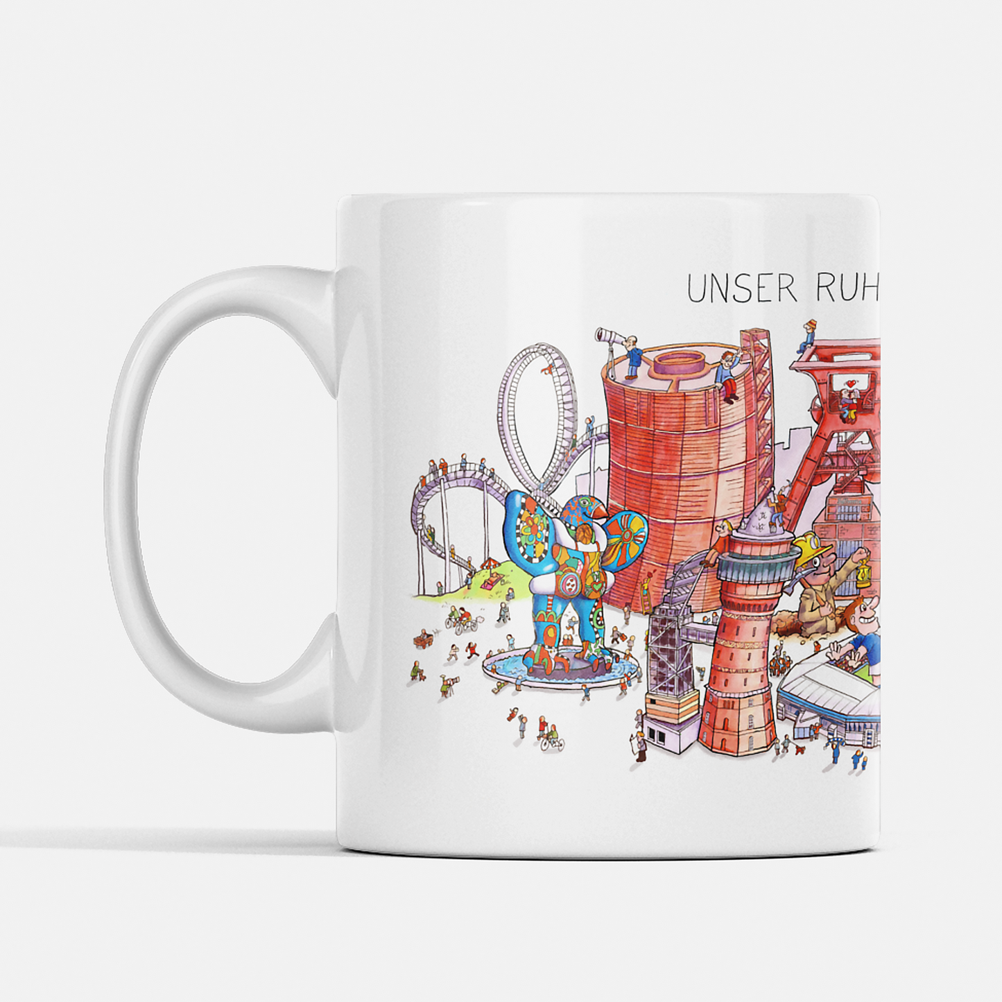 Weiße Keramiktasse mit farbigem Ruhrpott-Motiv von Jacques Tilly, beidseitig bedruckt.