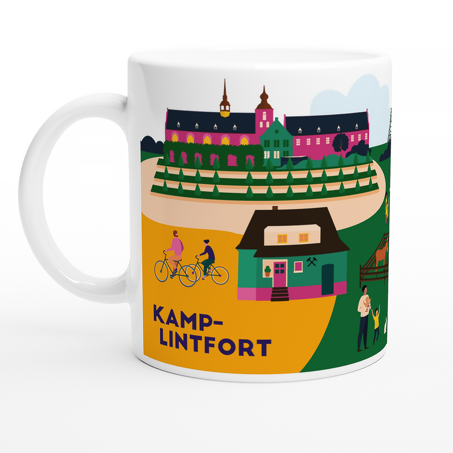 Illustration der Kamp-Lintfort Sehenswürdigkeiten auf einer Keramiktasse